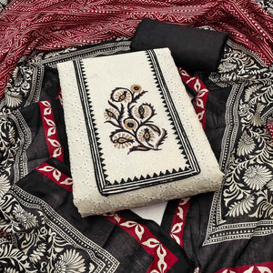Off White & Black Dress Material in Pure Cotton with Schiffli Detailing and Handblock Motifs