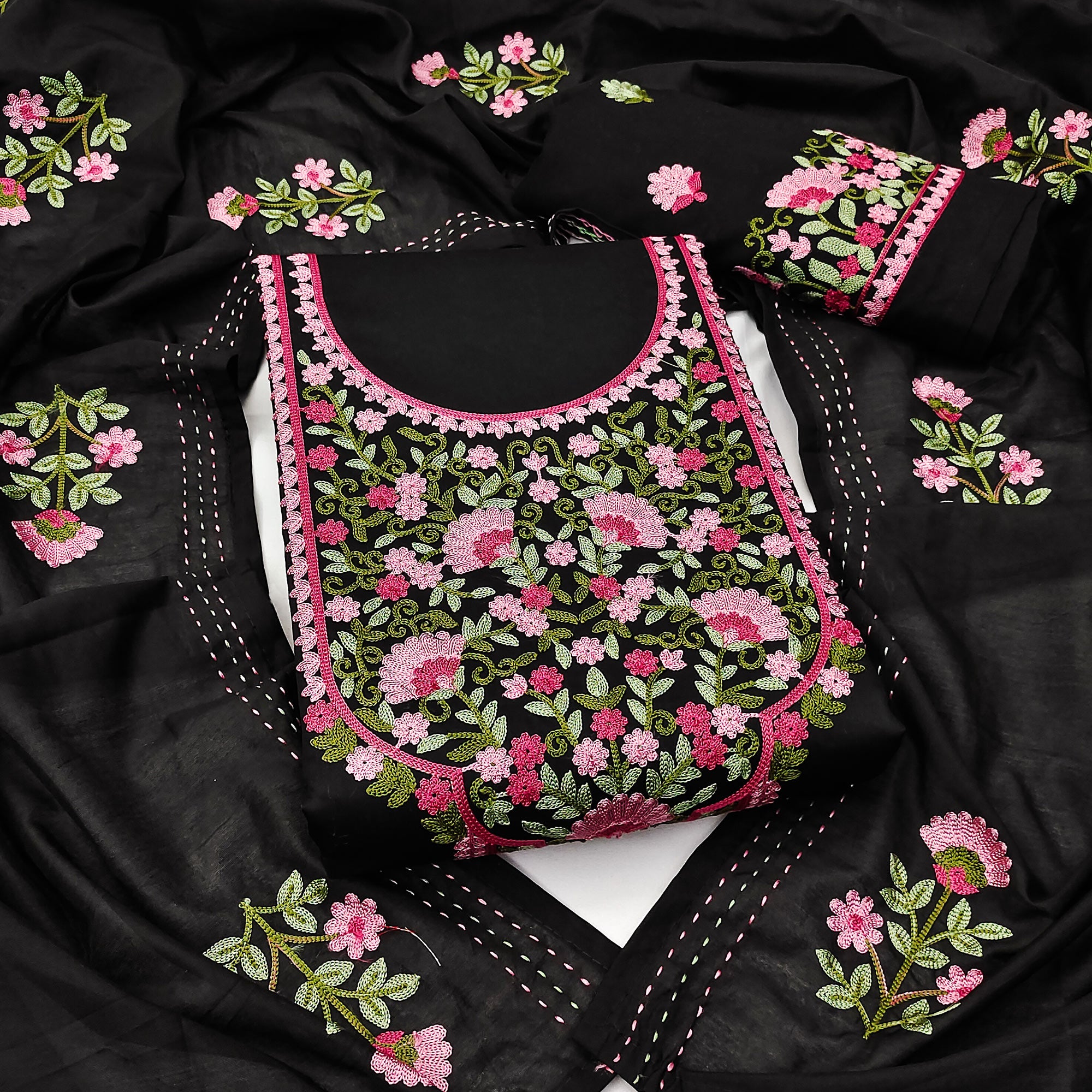 Unstitched Black Cotton Fabric with Graceful Floral Embroidery
