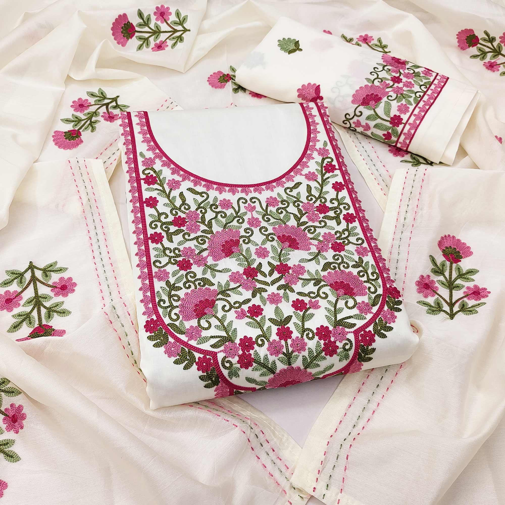 Unstitched Off-White Cotton Fabric with Graceful Floral Embroidery