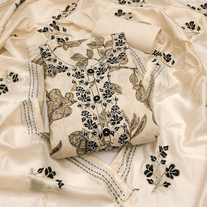 Chic Beige Floral Printed Cotton Blend Dress Material With Intricate Thread & Sequins Embellishment