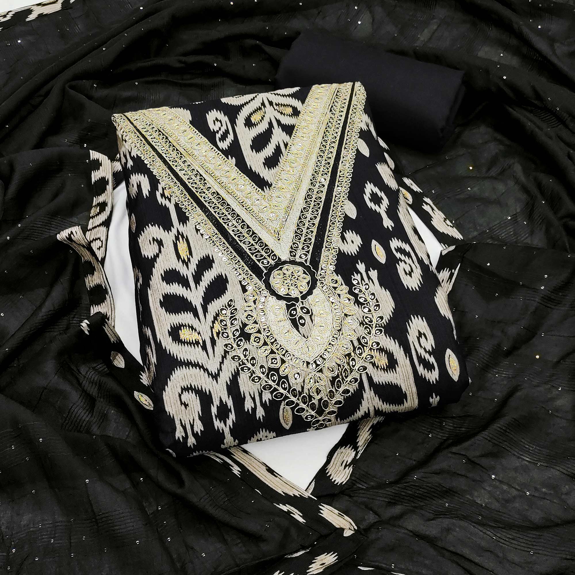 Graceful Black Ikkat Cotton Blend Dress Material Showcasing Cording Embroidery & Sequins