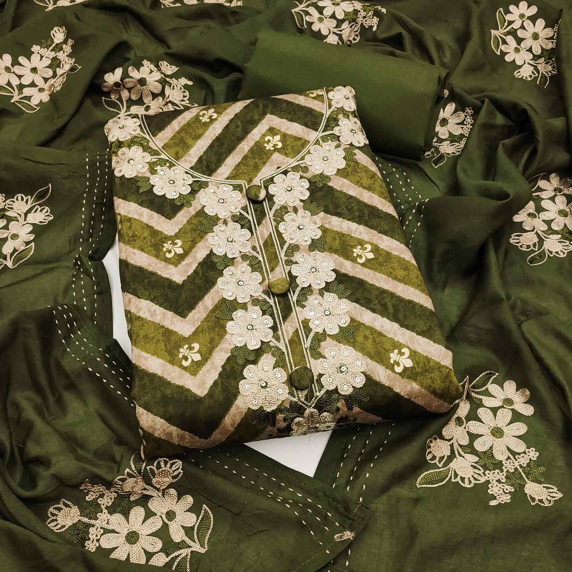 Artistic Green Zig Zag Print Cotton Blend Dress Material Accented With Floral Embroidery & Sequins