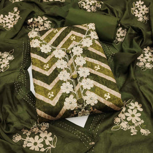 Artistic Green Zig Zag Print Cotton Blend Dress Material Accented With Floral Embroidery & Sequins