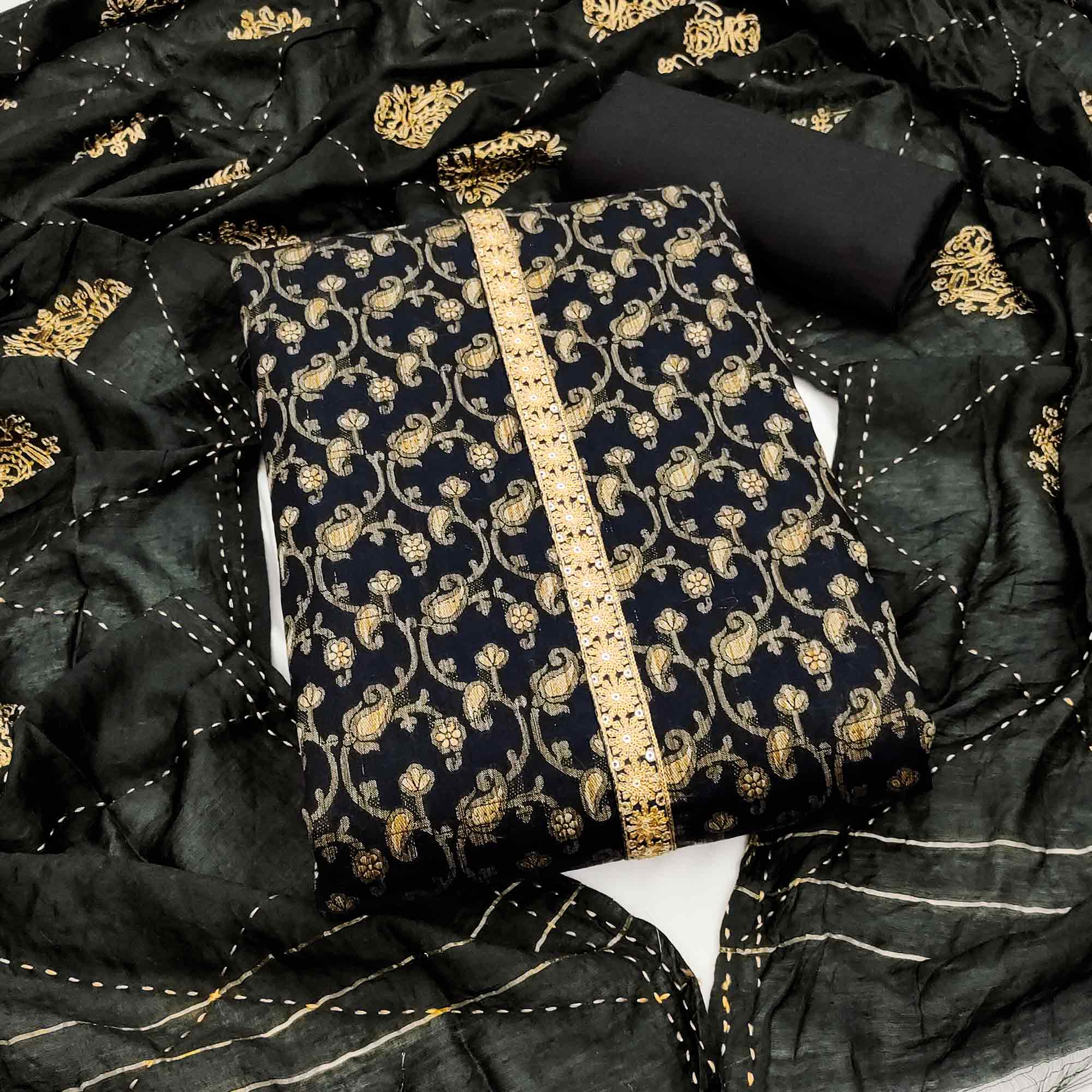 Elegant Black Cotton Blend Dress Material Featuring Floral & Paisley Prints With Embroidery Work