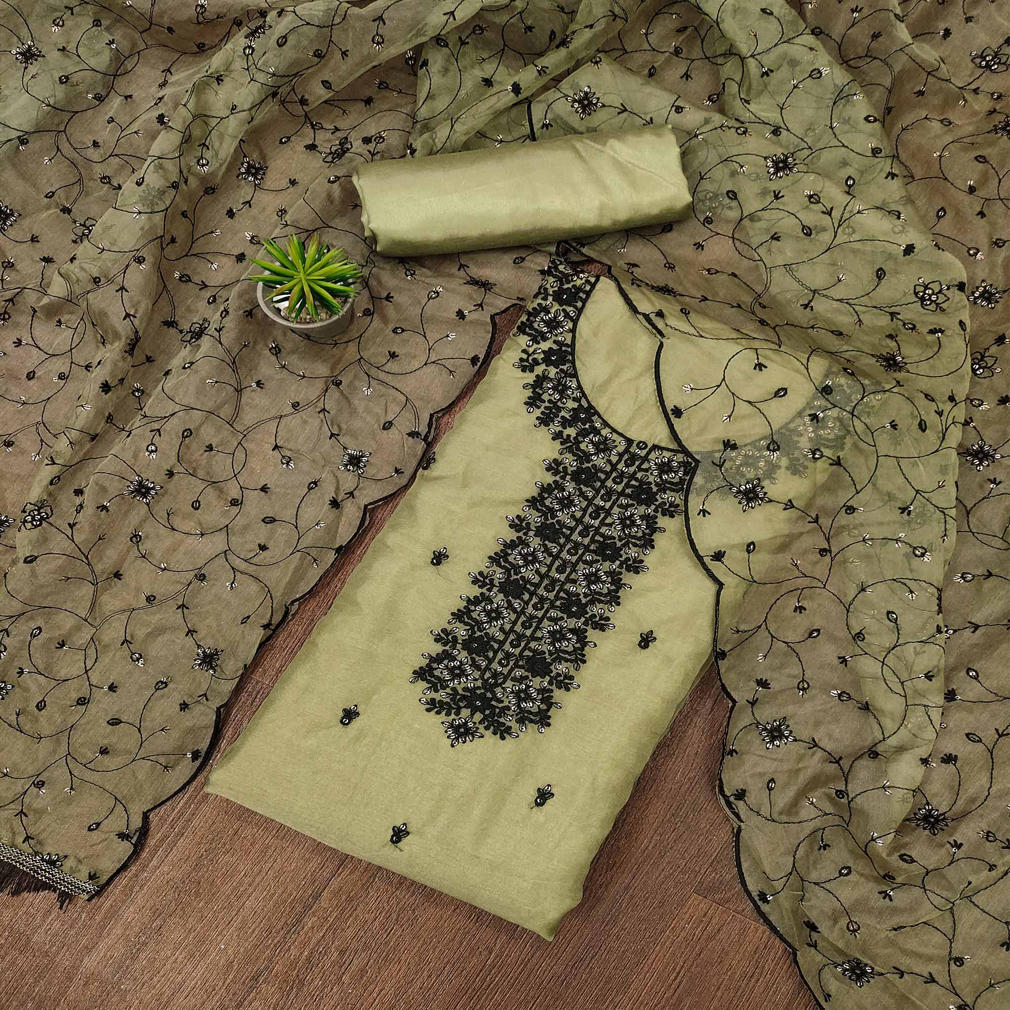 Green Floral Embroidered Organza Dress Material
