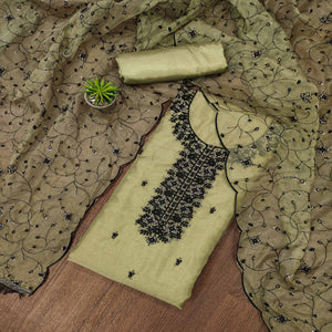 Green Floral Embroidered Organza Dress Material