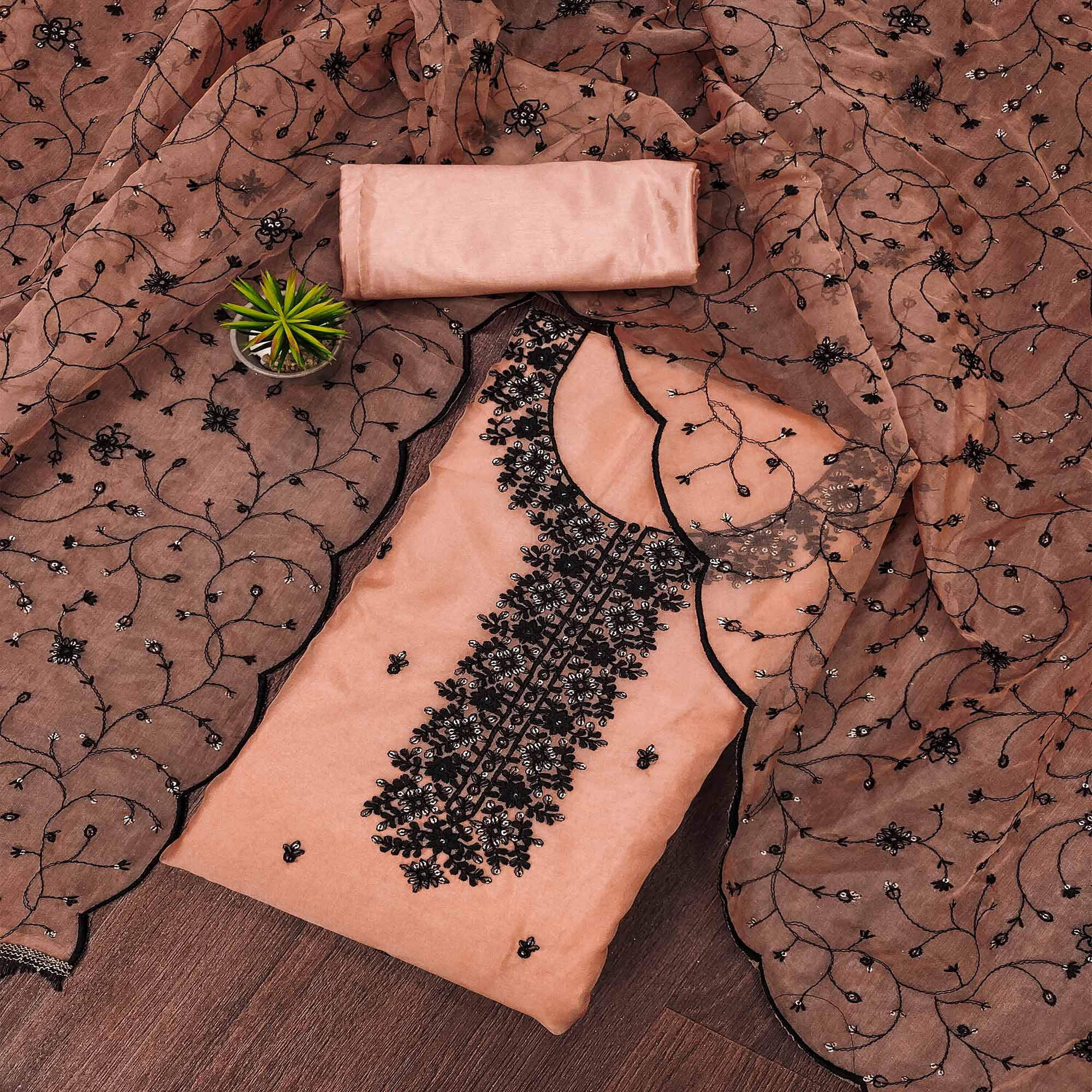 Peach Floral Embroidered Organza Dress Material