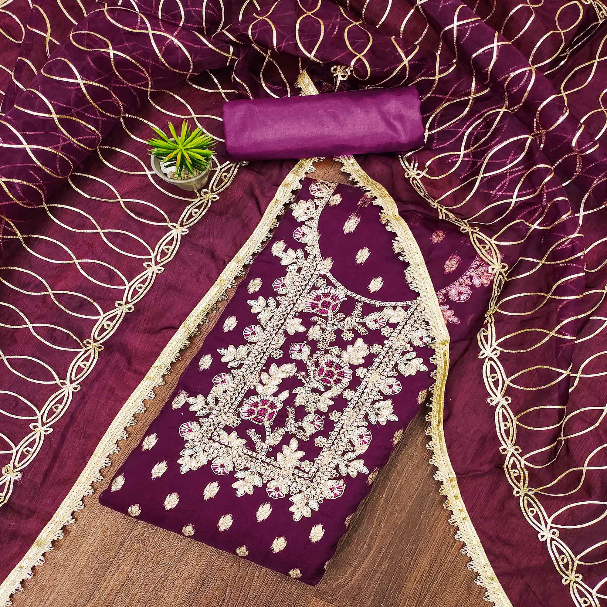 Wine Floral Woven Organza Dress Material