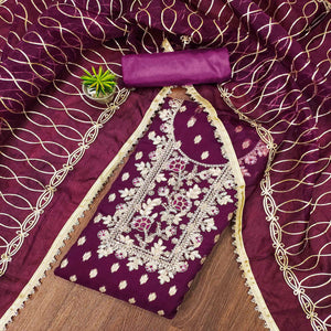 Wine Floral Woven Organza Dress Material