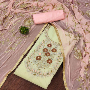 Green Floral Embroidered Chanderi Dress Material