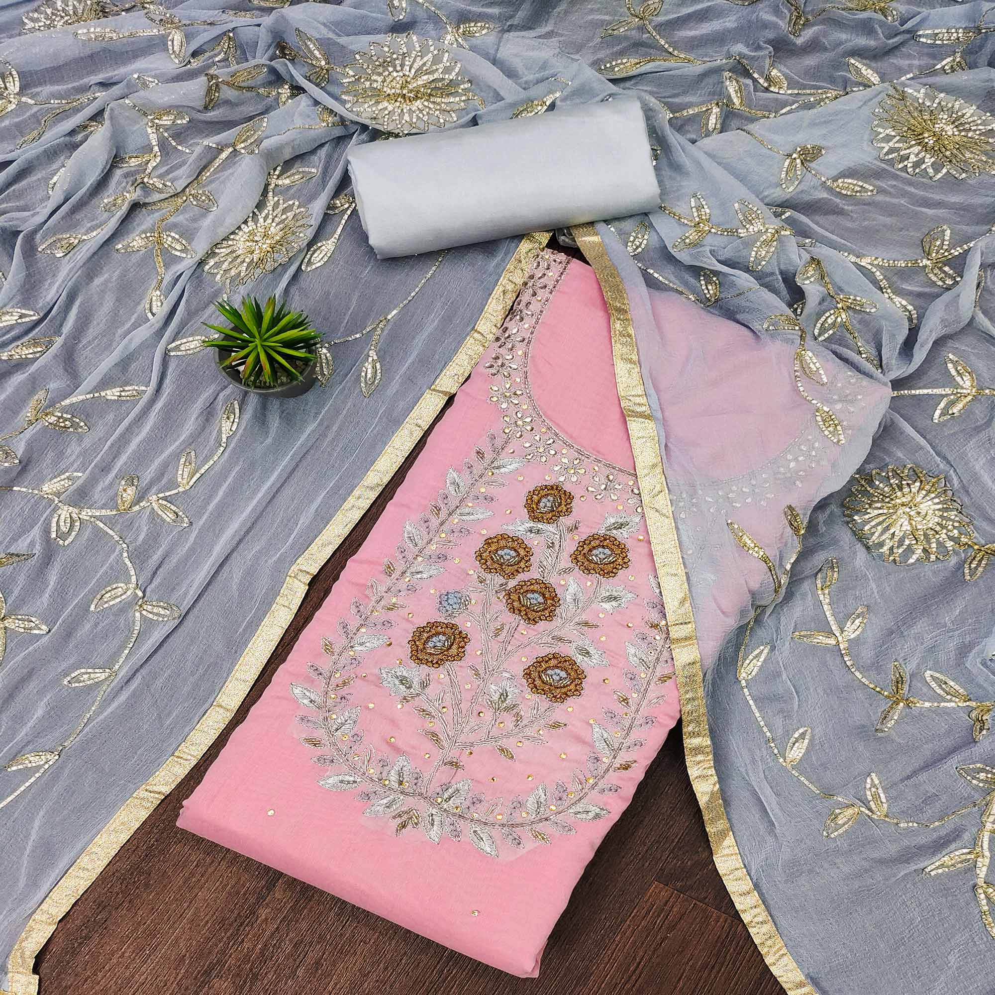 Pink Floral Embroidered Chanderi Dress Material