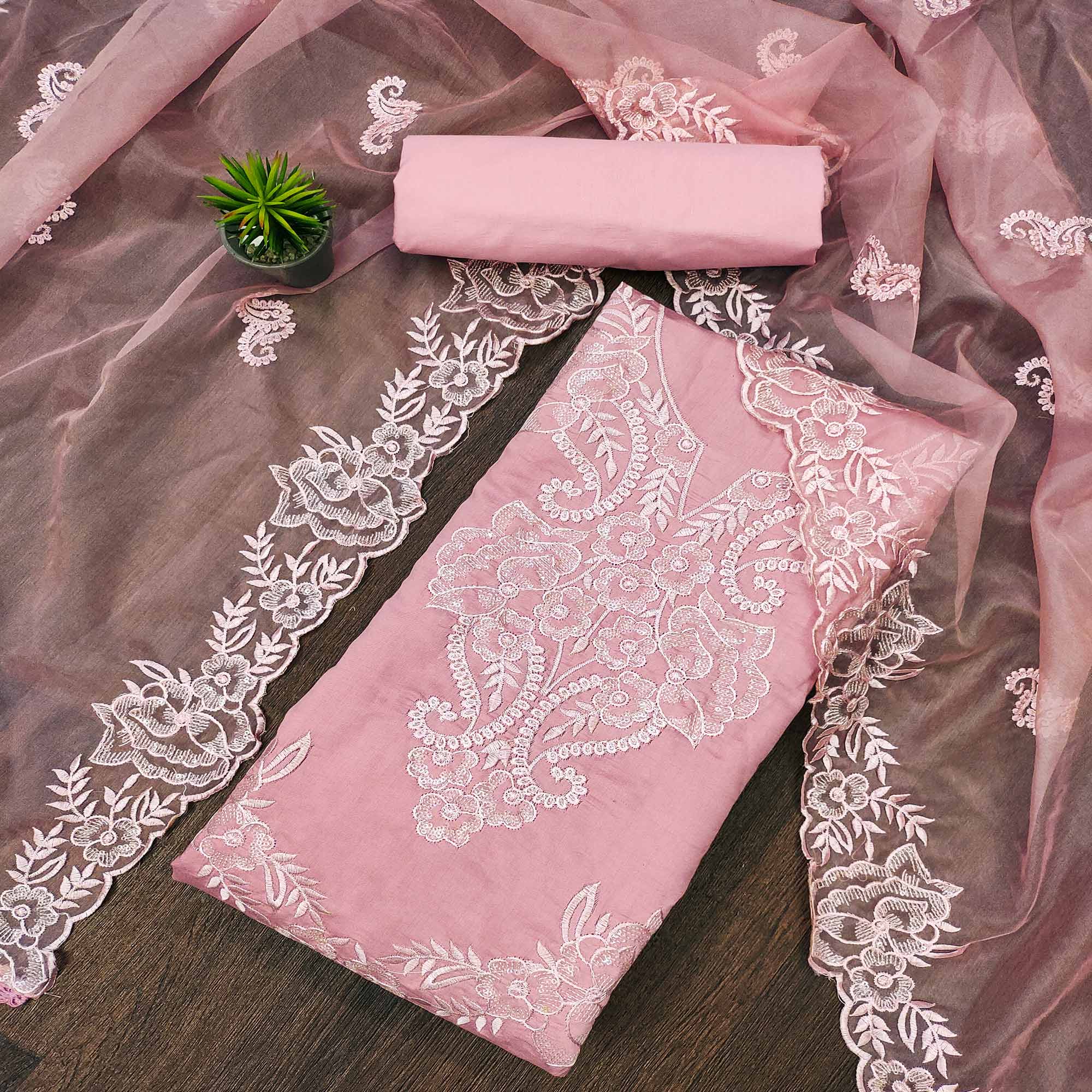 Pink Floral Embroidered Cotton Blend Dress Material