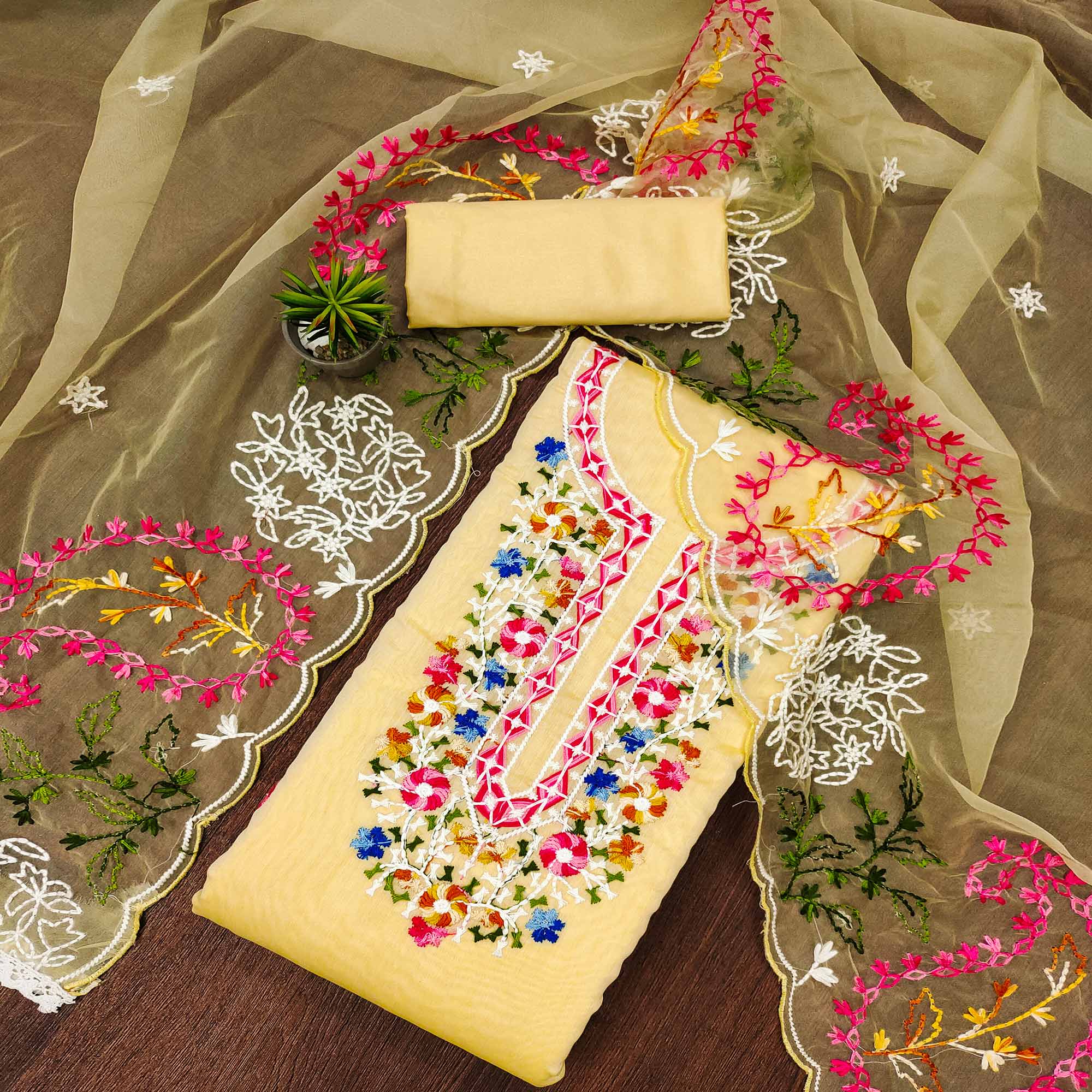 Yellow Floral Embroidered Chanderi Dress Material