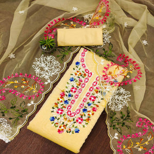 Yellow Floral Embroidered Chanderi Dress Material