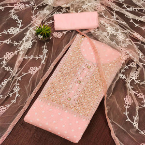 Peach Printed With Embroidered Chanderi Dress Material