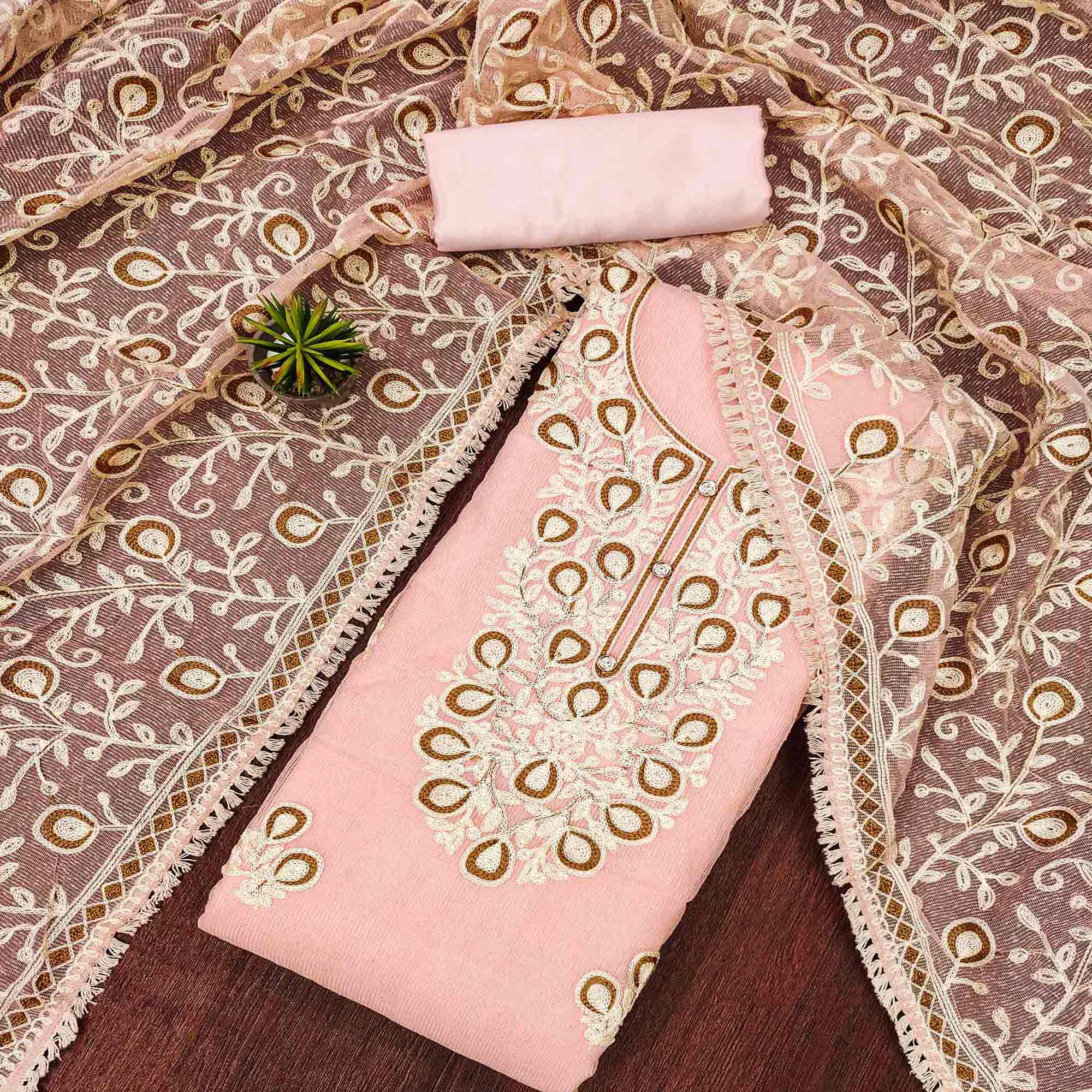 Peach Embroidered Kota Doria Dress Material