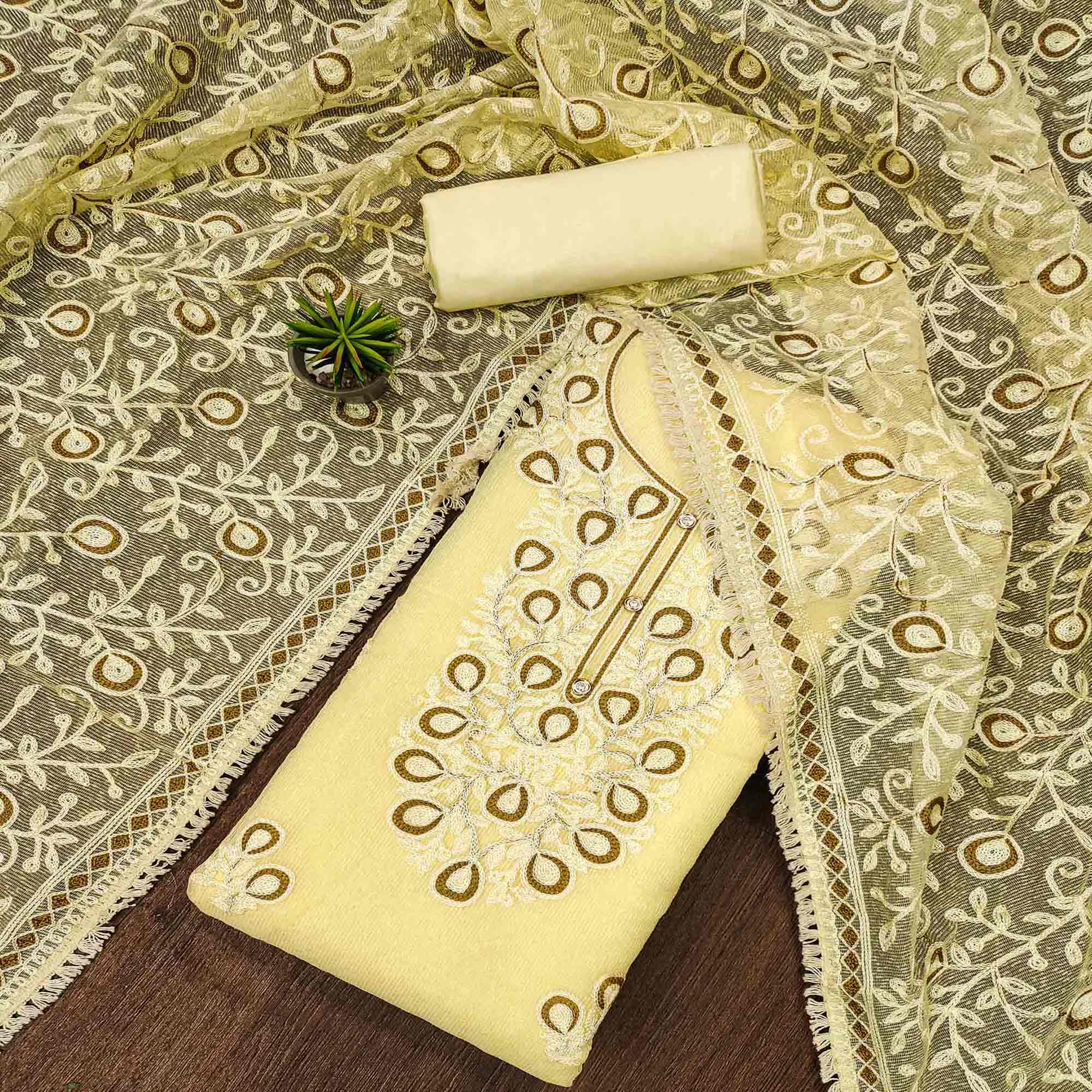 Kota Cream Floral Embroidered Dress Material main image 1
