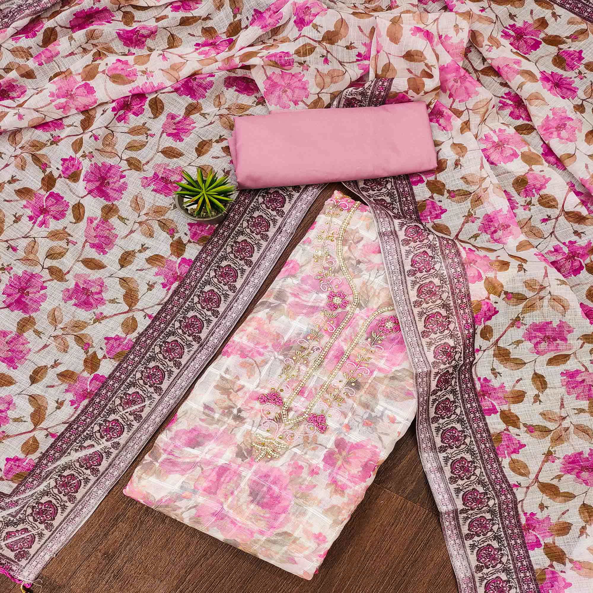 Pink Floral Printed Cotton Dress Material
