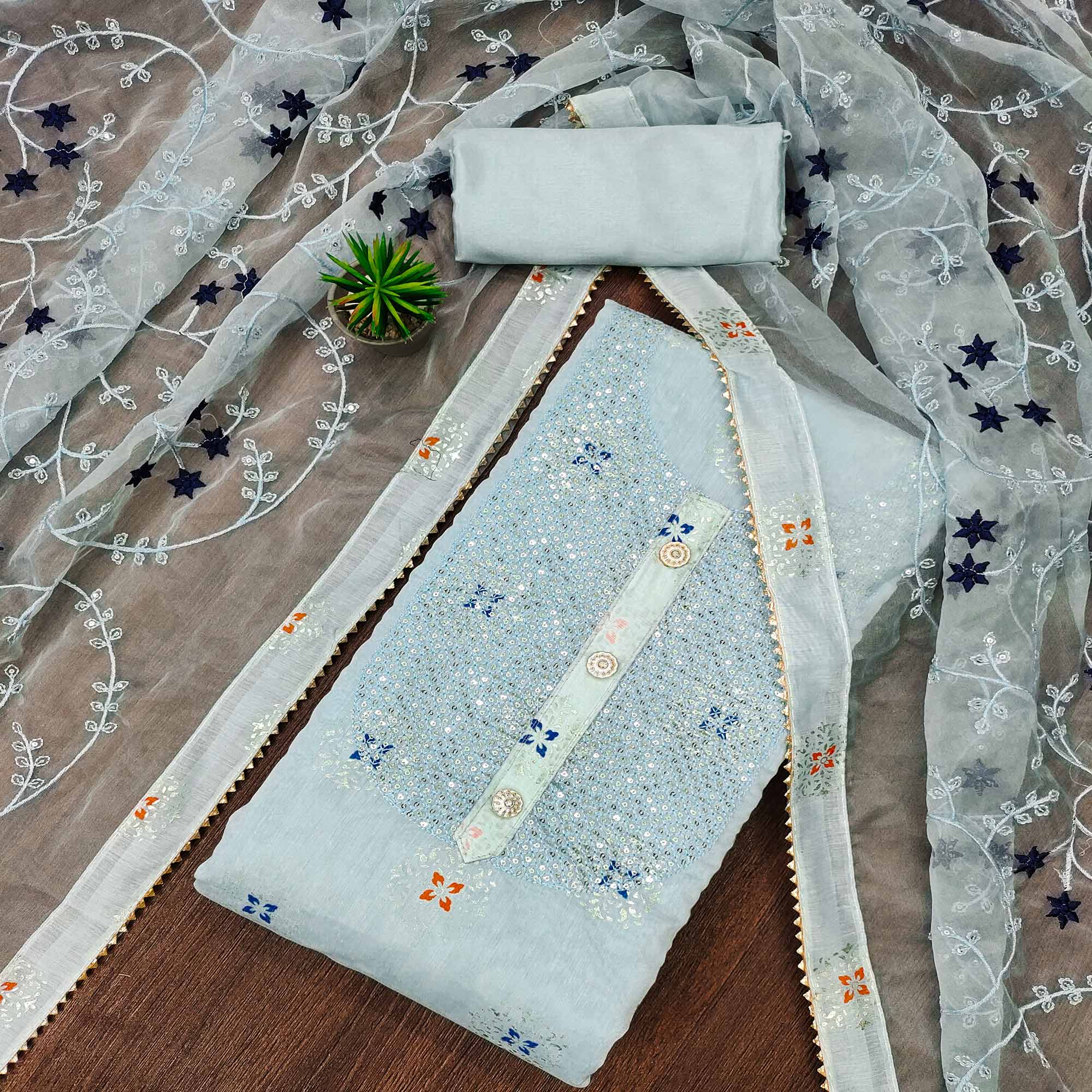 Light Blue Floral Foil Printed Chanderi Dress Material