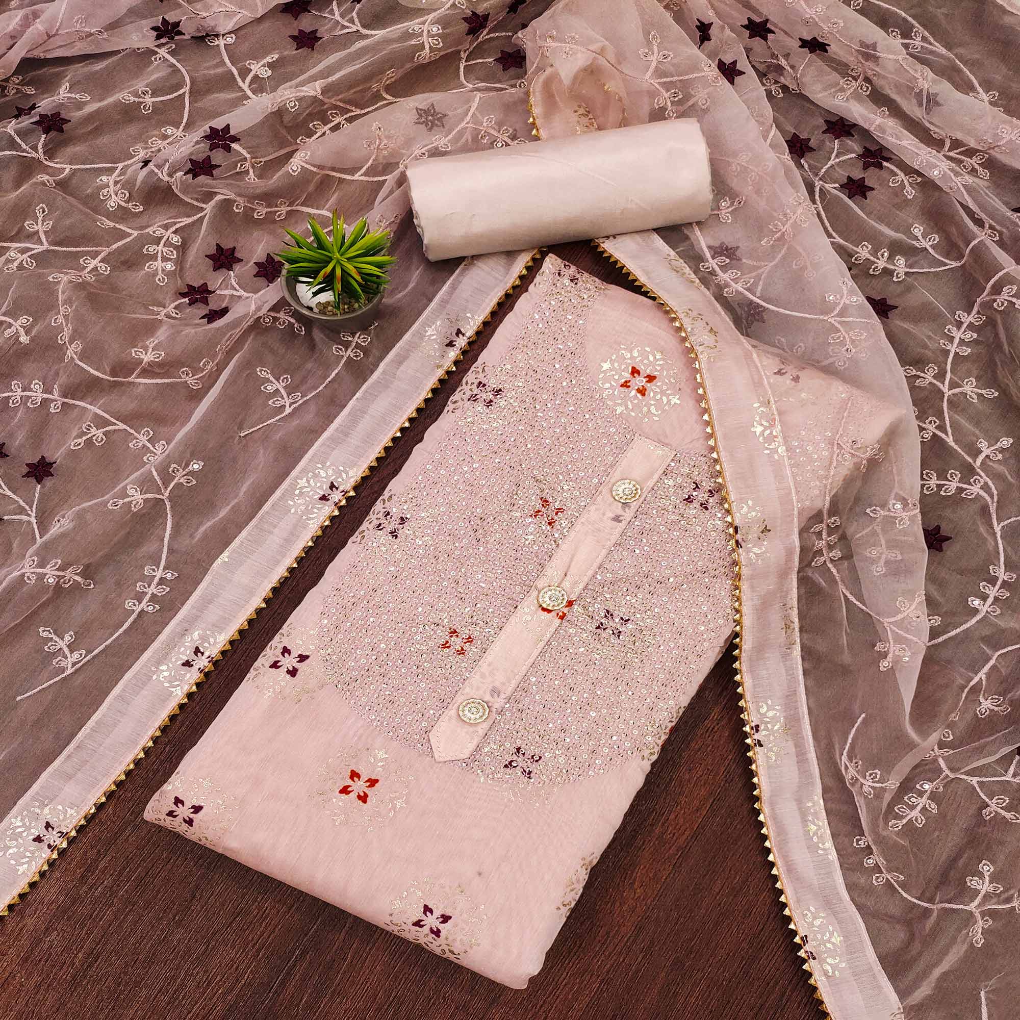 Mauve Floral Foil Printed Chanderi Dress Material