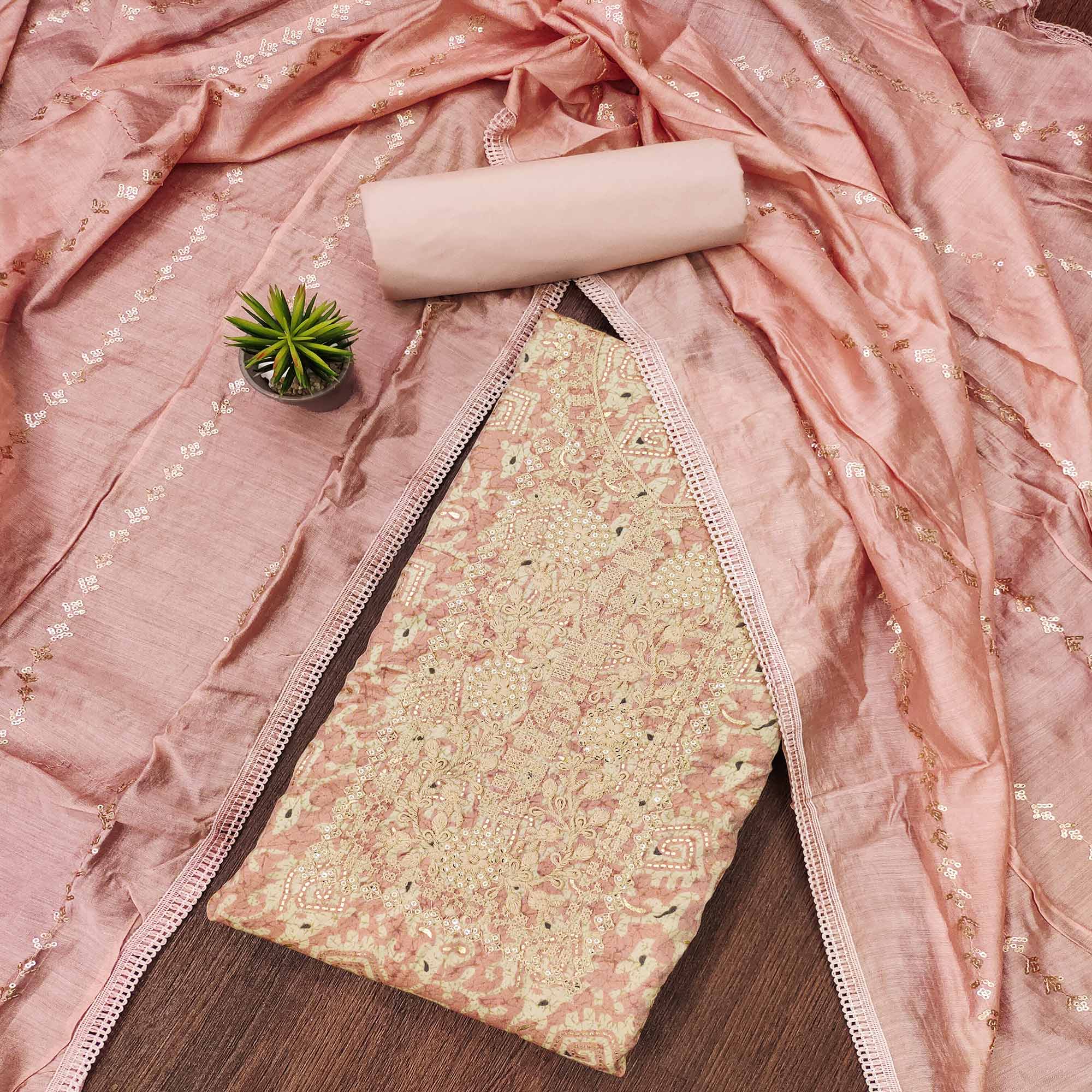 Peach Embroidered With Printed Muslin Dress Material