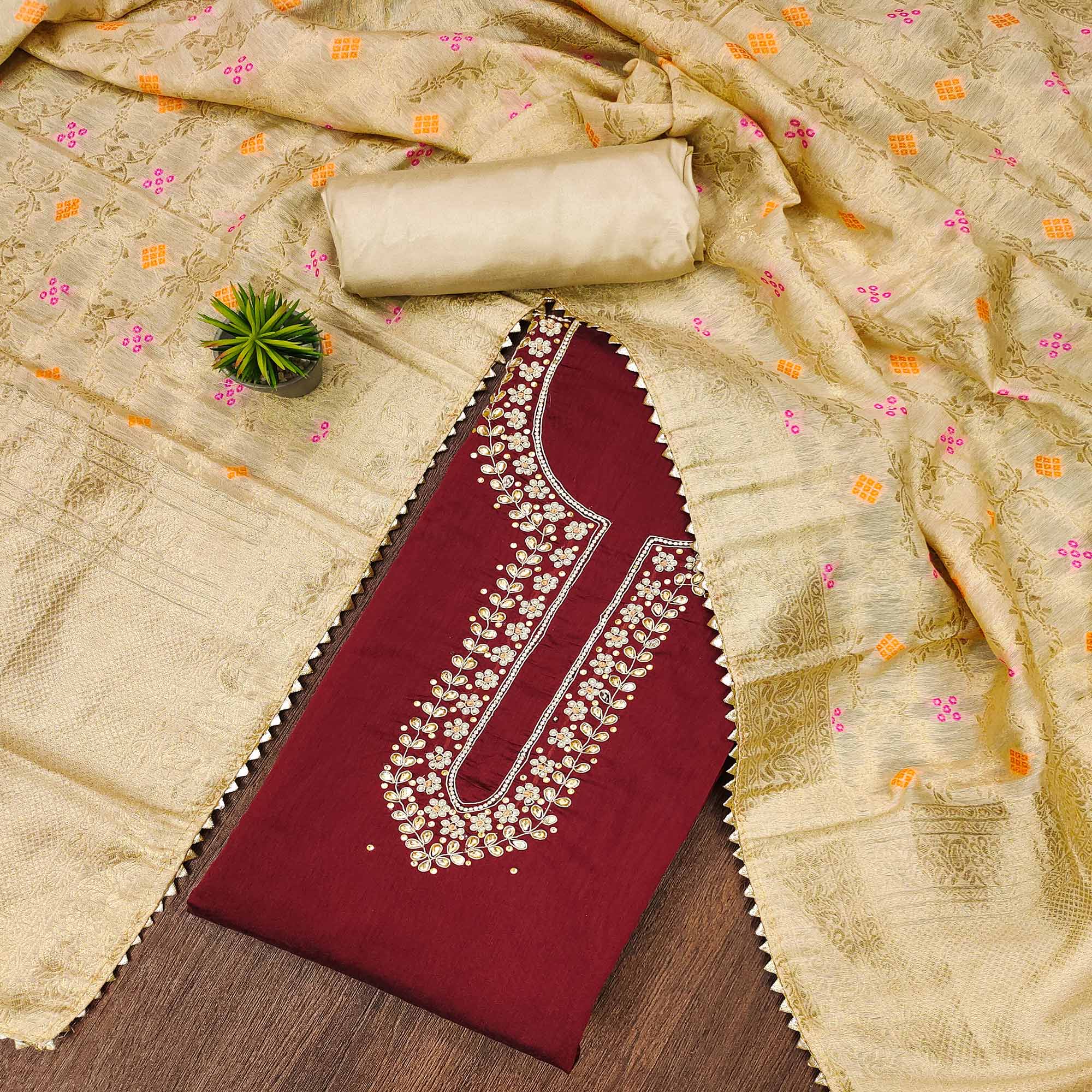 Maroon Handwork Chanderi Dress Material
