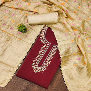 Maroon Handwork Chanderi Dress Material