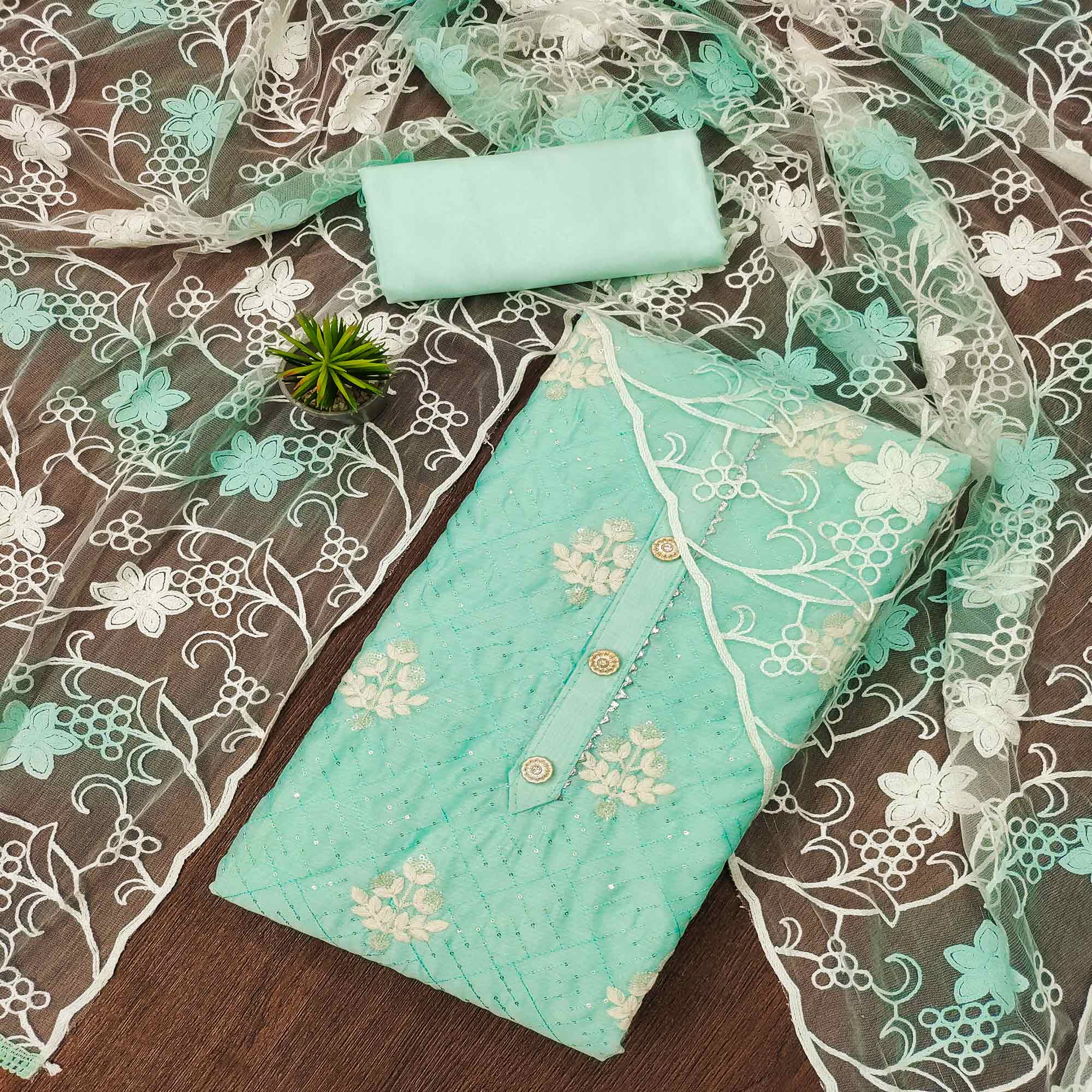 Turquoise Floral Embroidered Chanderi Dress Material