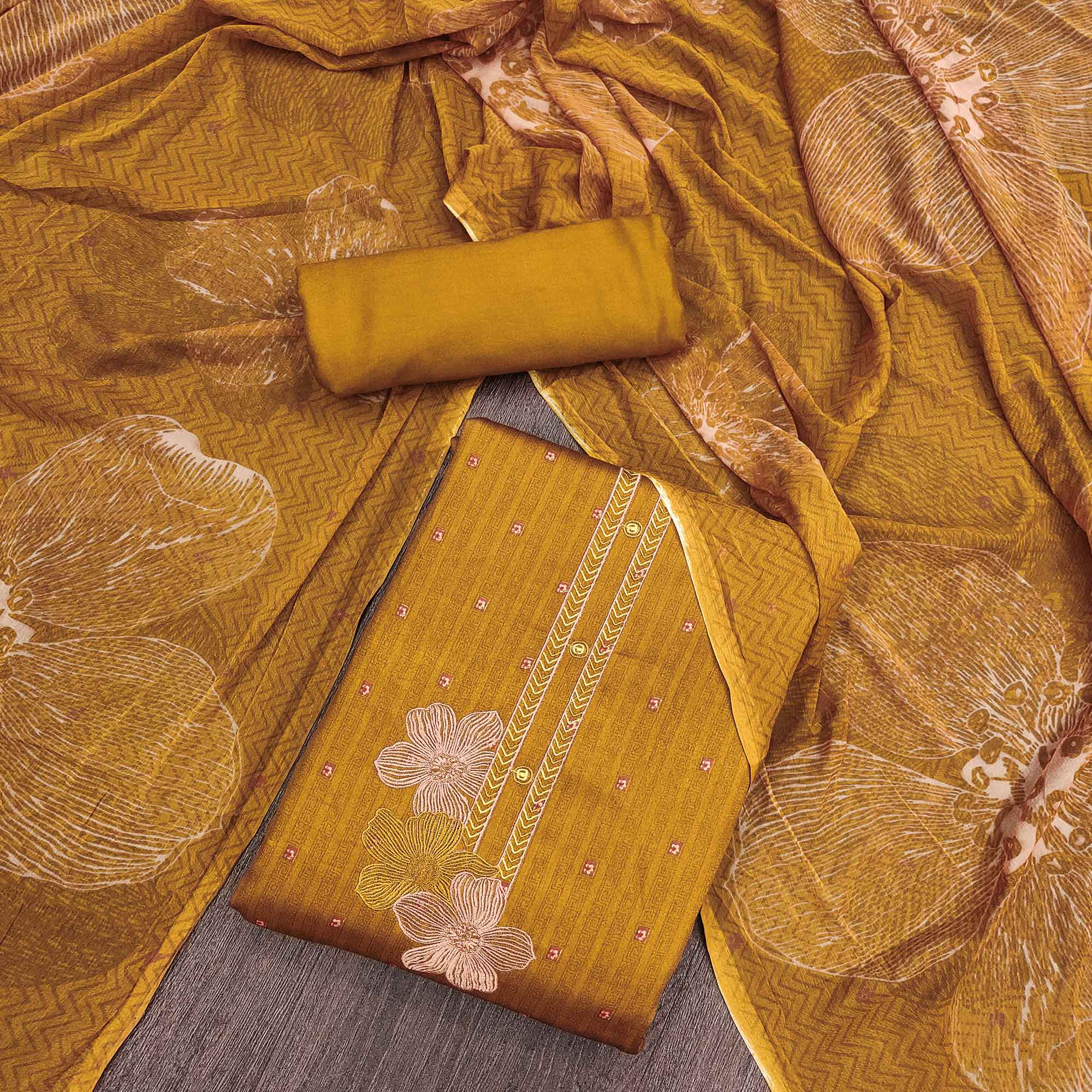 Mustard Floral Printed Pure Cotton Dress Material