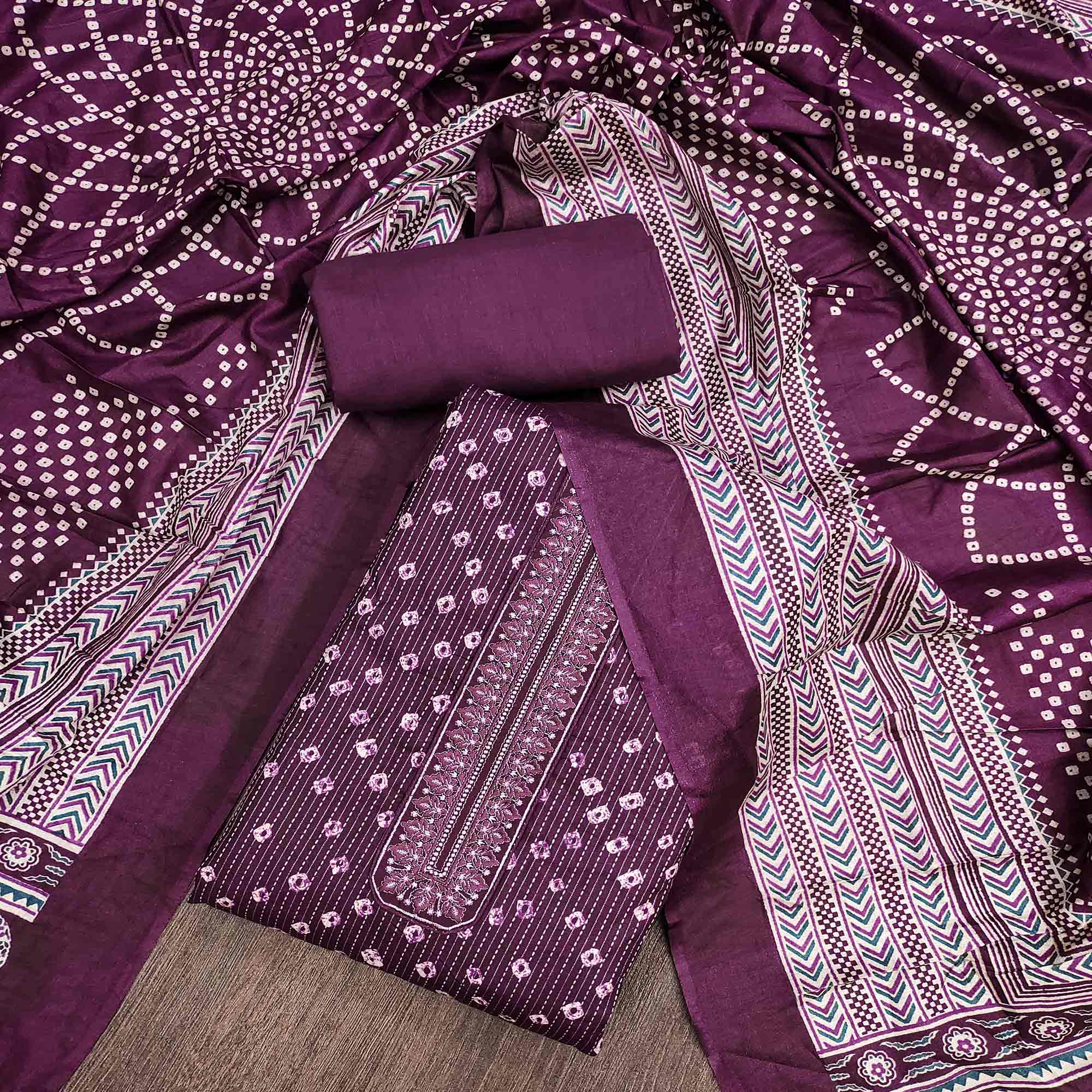 Purple Bandhani Printed Pure Cotton Dress Material