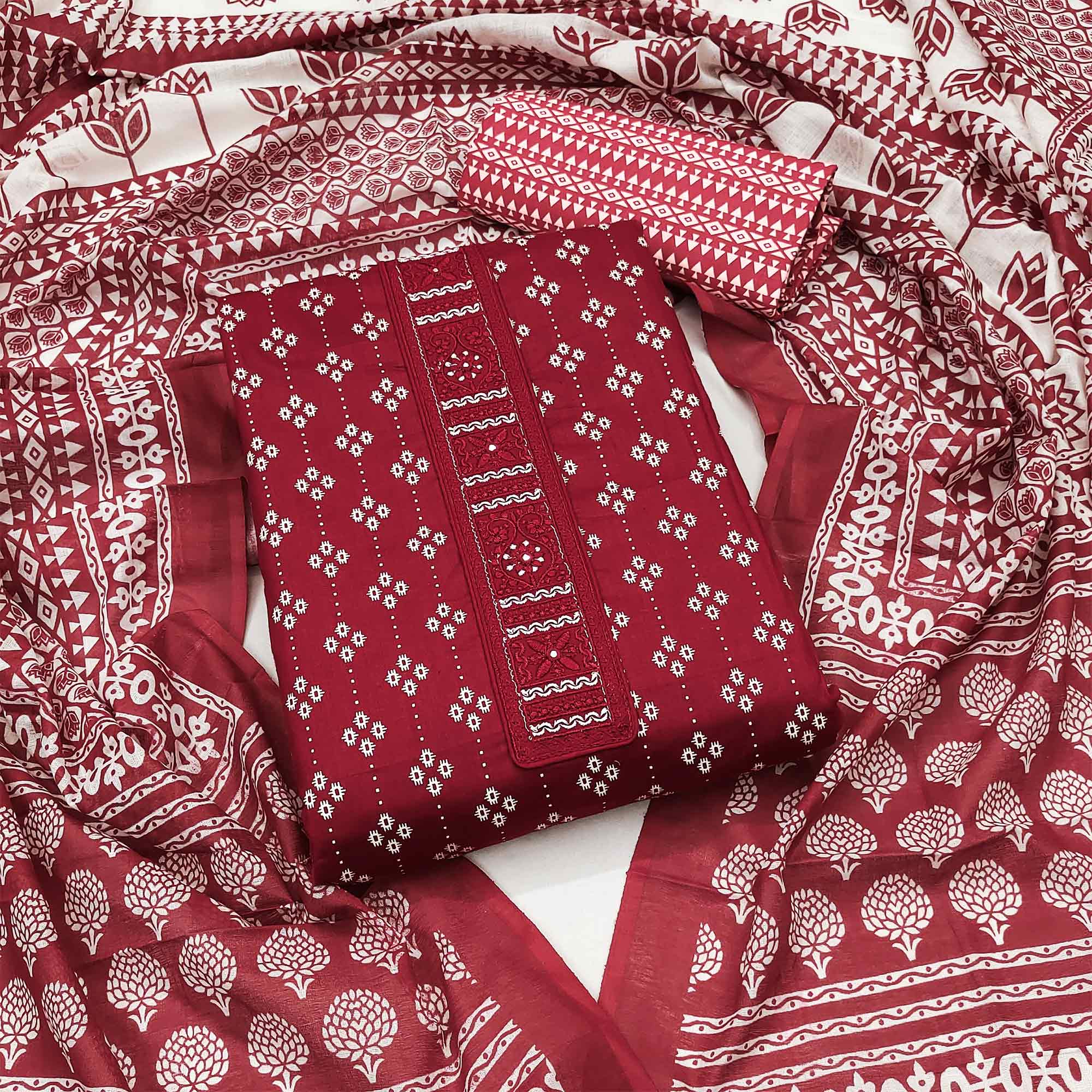 Maroon Floral Printed Pure Cotton Dress Material