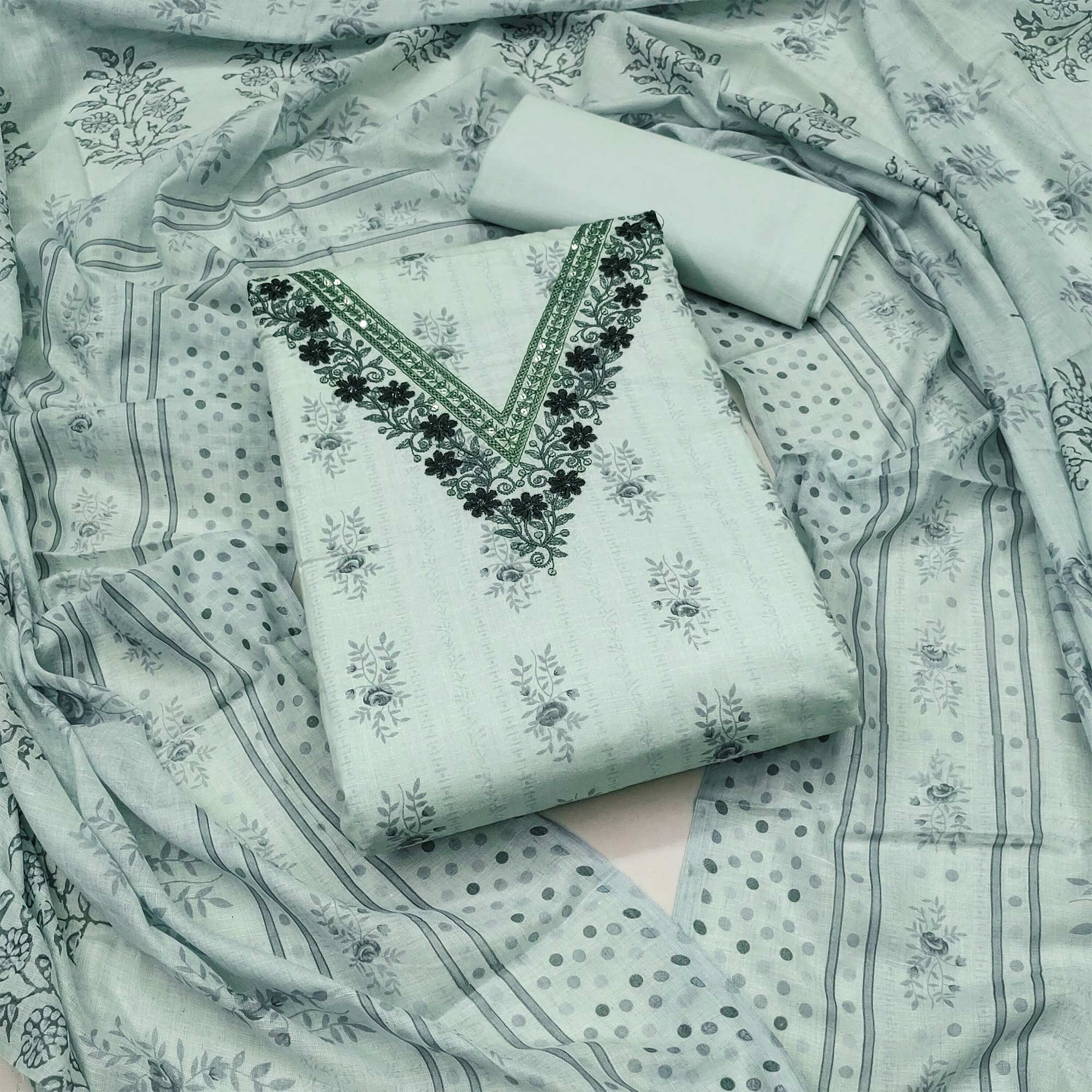 Grey Floral Printed Pure Cotton Dress Material