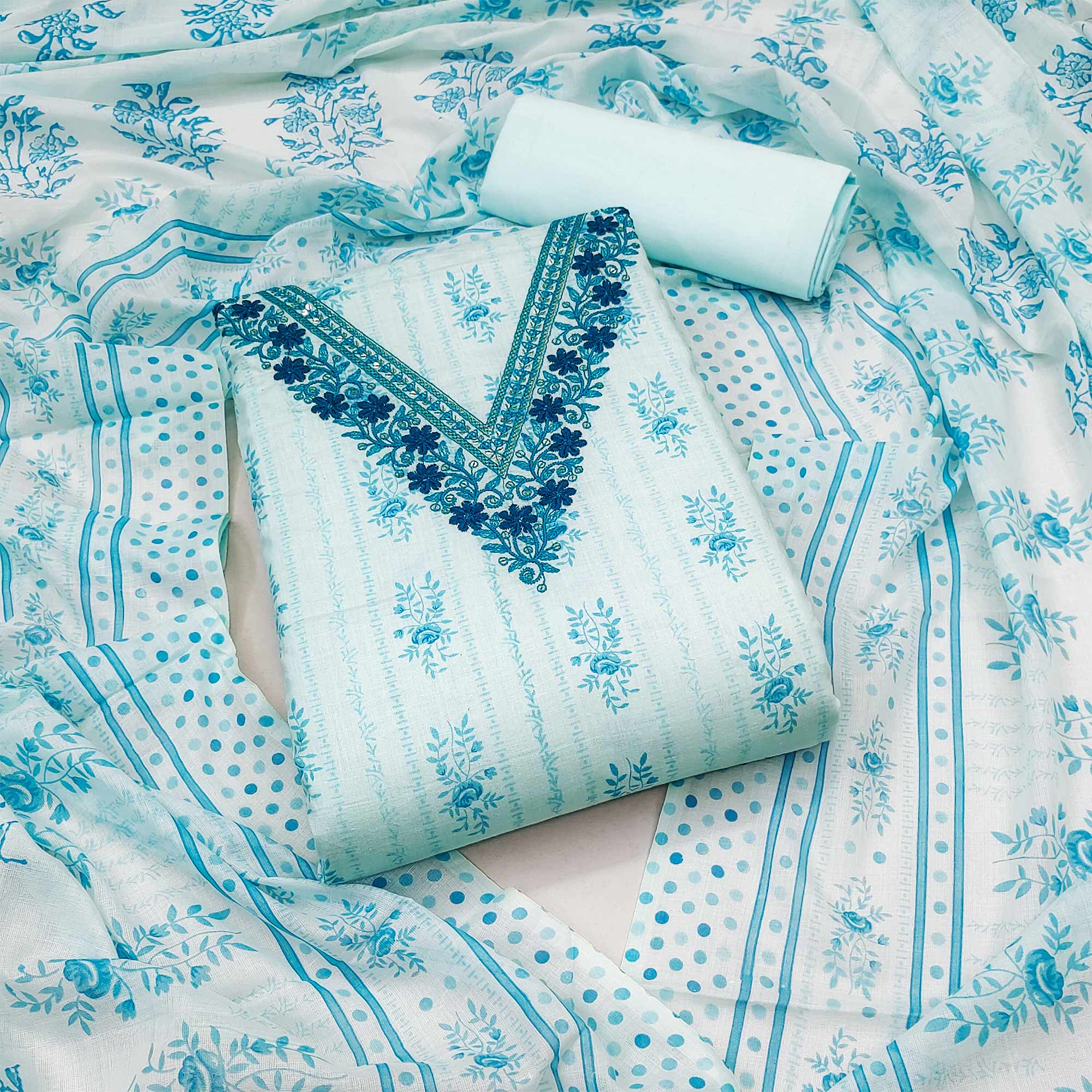Sky Blue Floral Printed Pure Cotton Dress Material