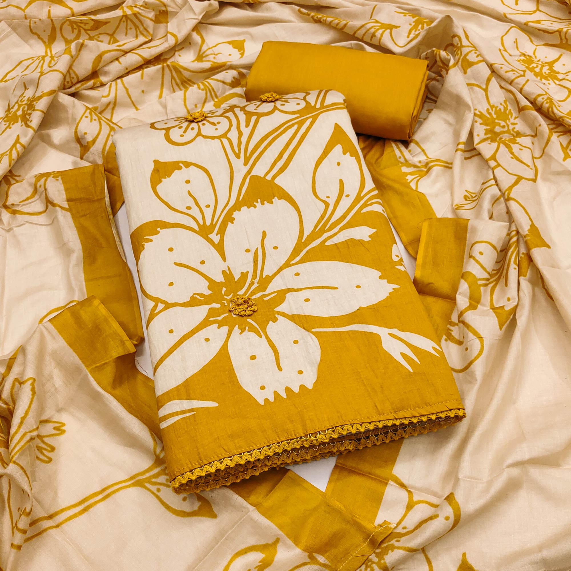 Pure Cotton Mustard Dress Material with Delicate Floral Print