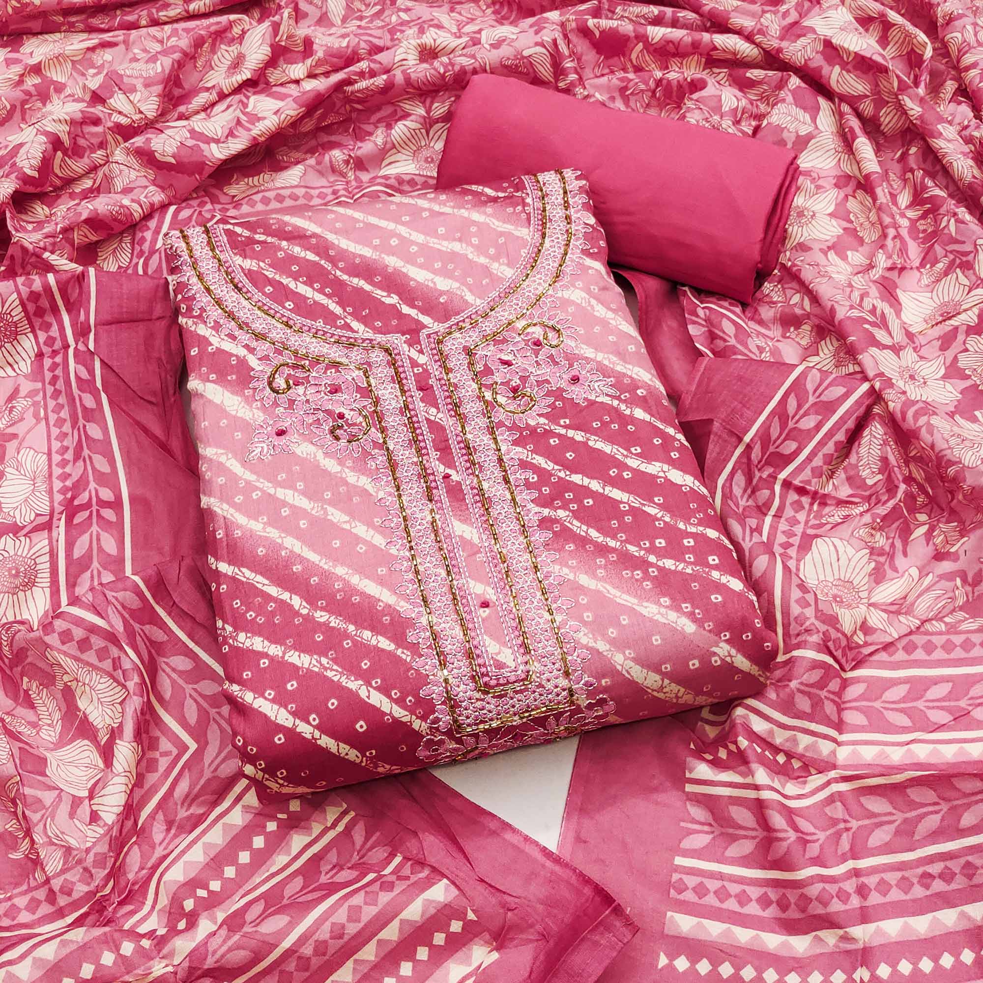 Summer Perfect Pink Cotton Suit Material with Stripe Pattern