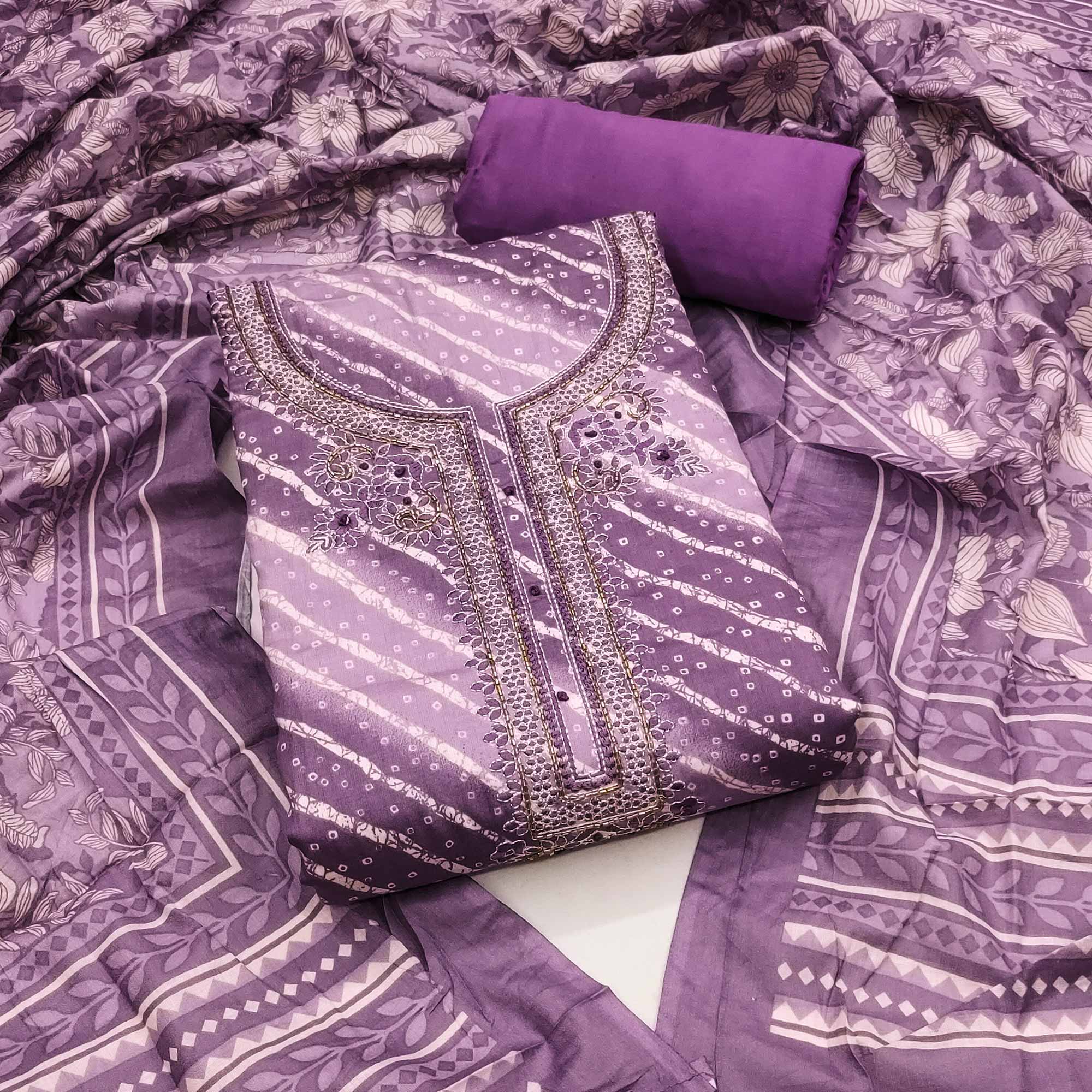 Summer Perfect Purple Cotton Suit Material with Stripe Pattern
