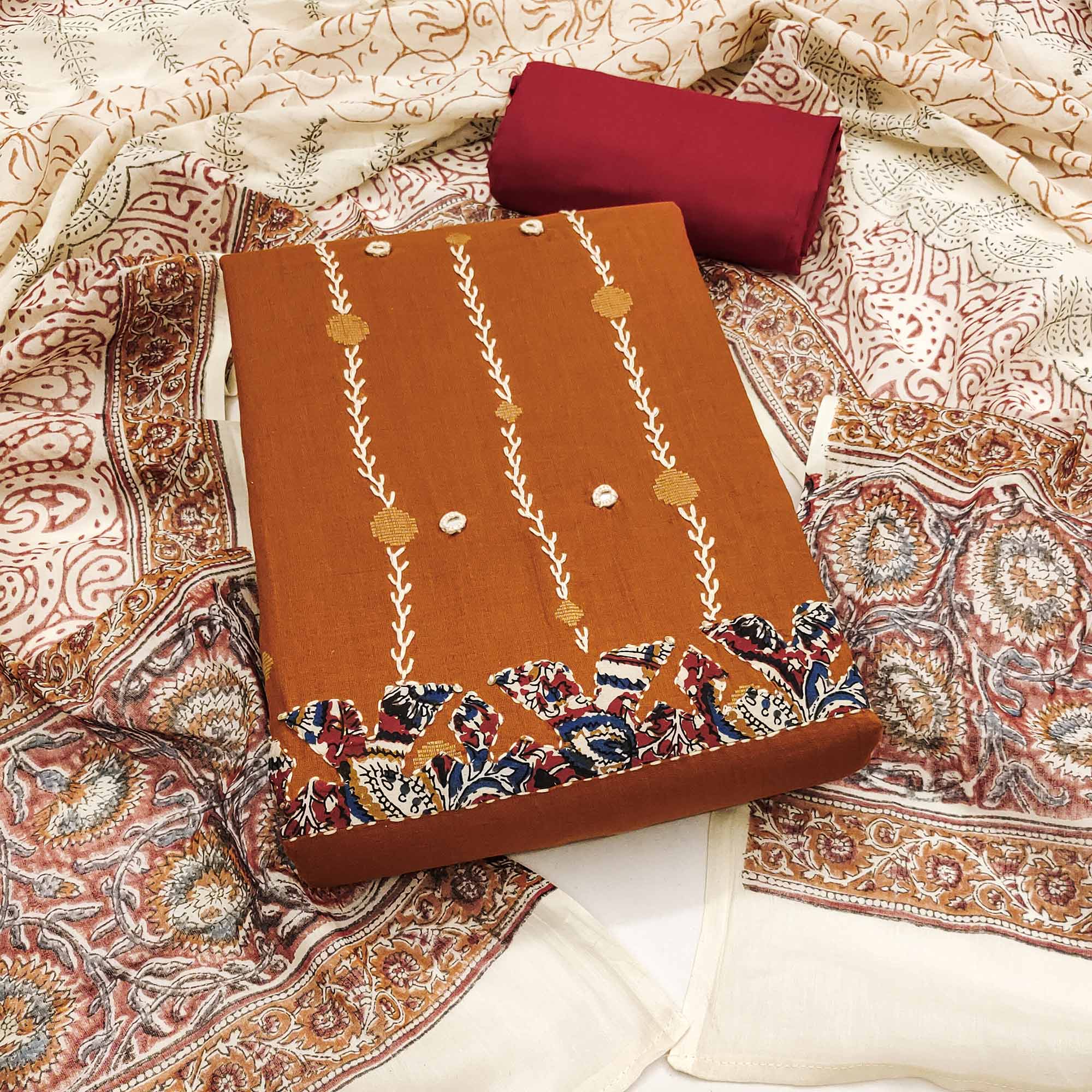 Brown Pure Cotton Dress Material with Mirror & Embroidery Work