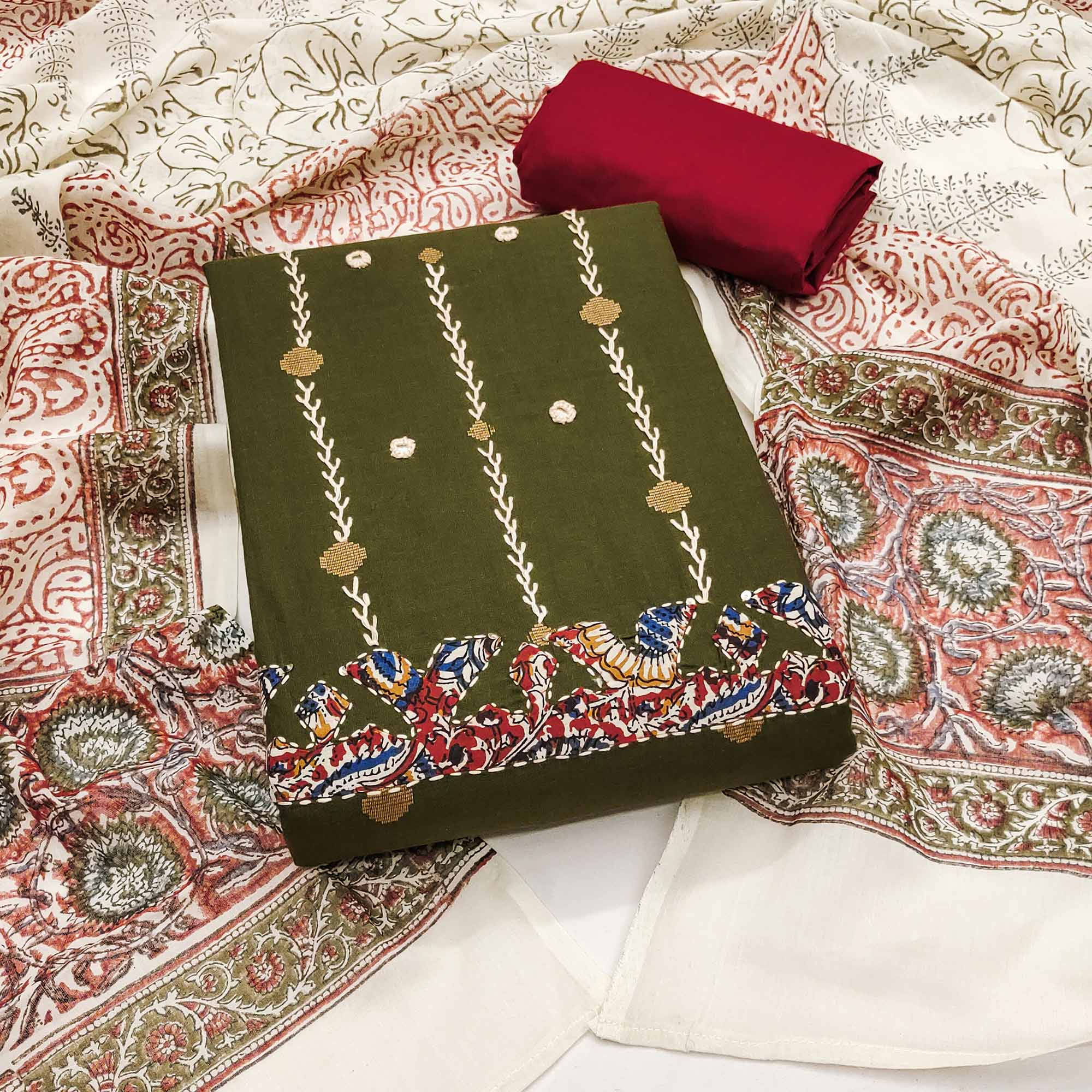 Green Pure Cotton Dress Material with Mirror & Embroidery Work