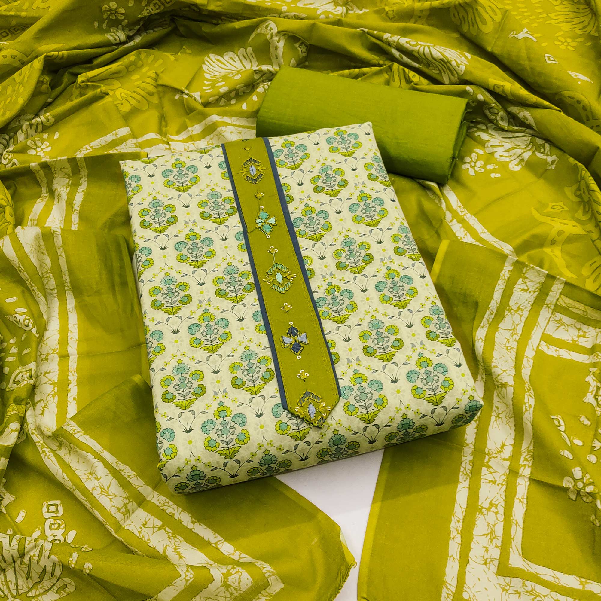 Unstitched Pure Cotton Green Dress Material with Floral Charm
