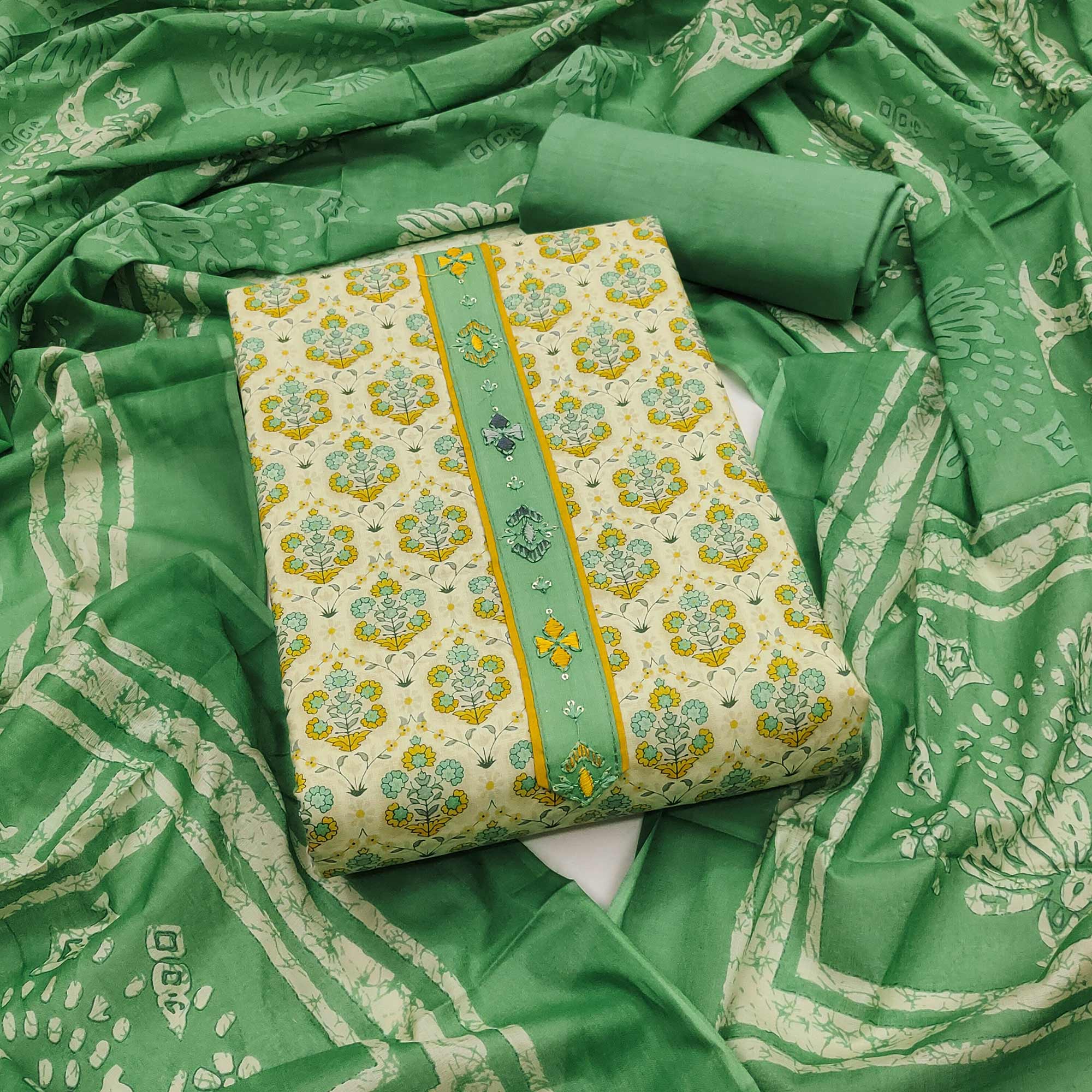 Unstitched Pure Cotton Mint Green Dress Material with Floral Charm