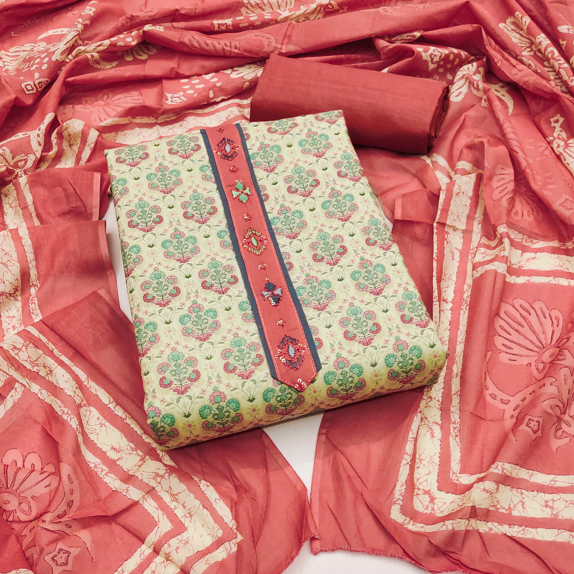 Unstitched Pure Cotton Peach Dress Material with Floral Charm