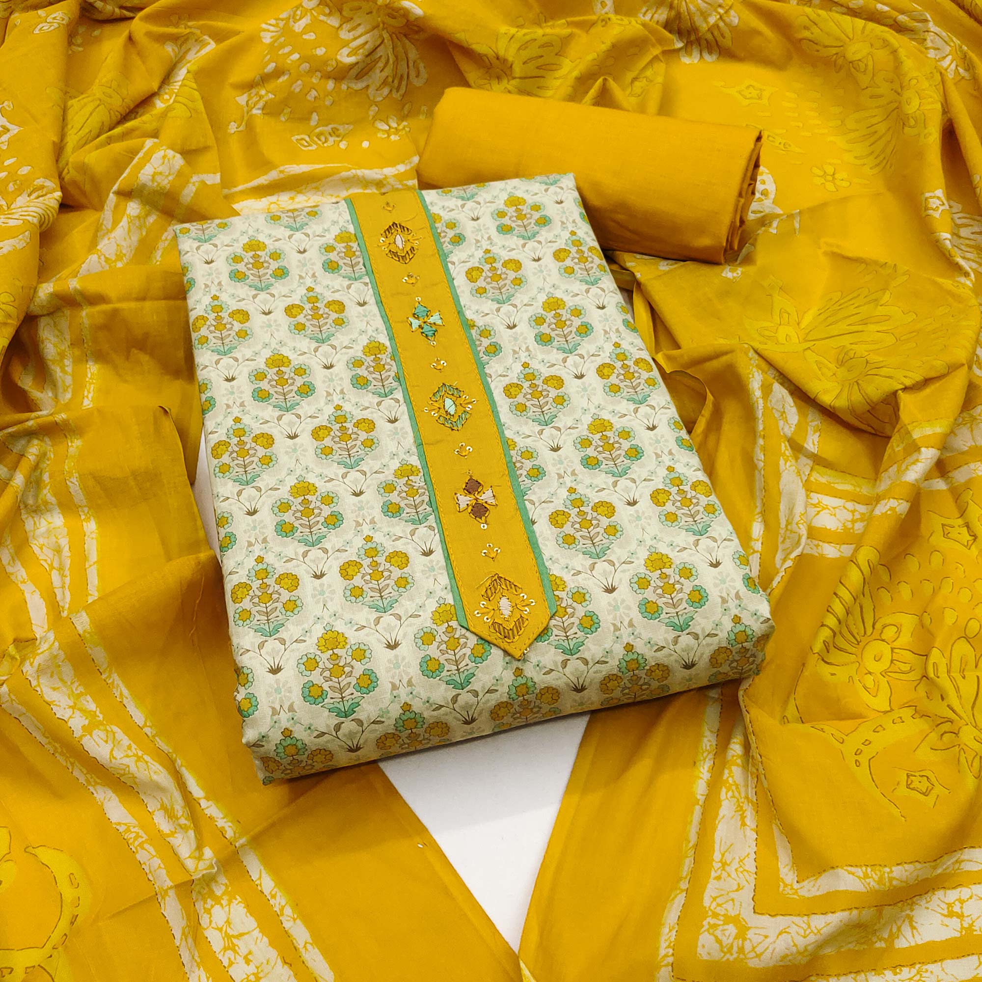Unstitched Pure Cotton Yellow Dress Material with Floral Charm