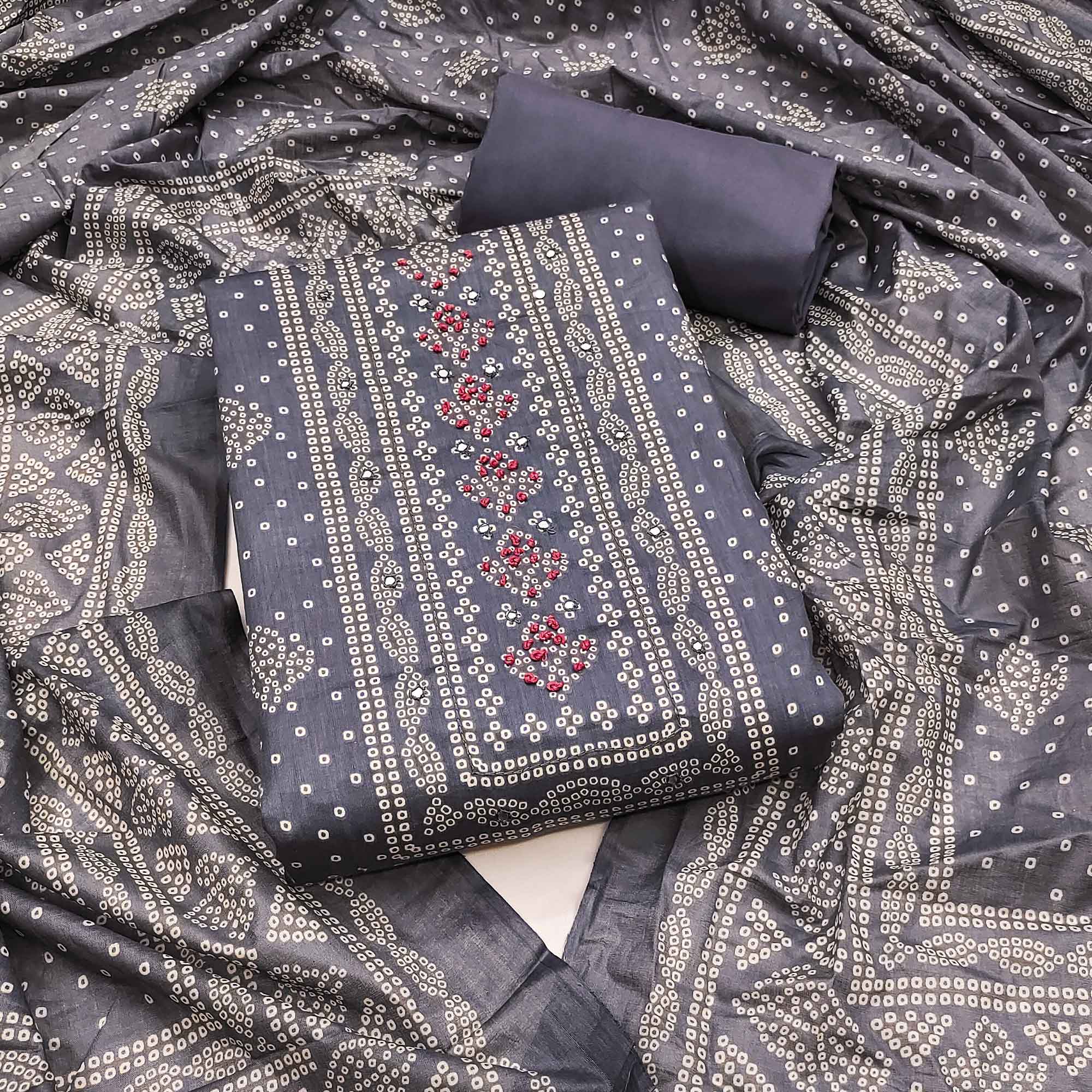 Soft Cotton Grey Dress Material with Classic Bandhani Print