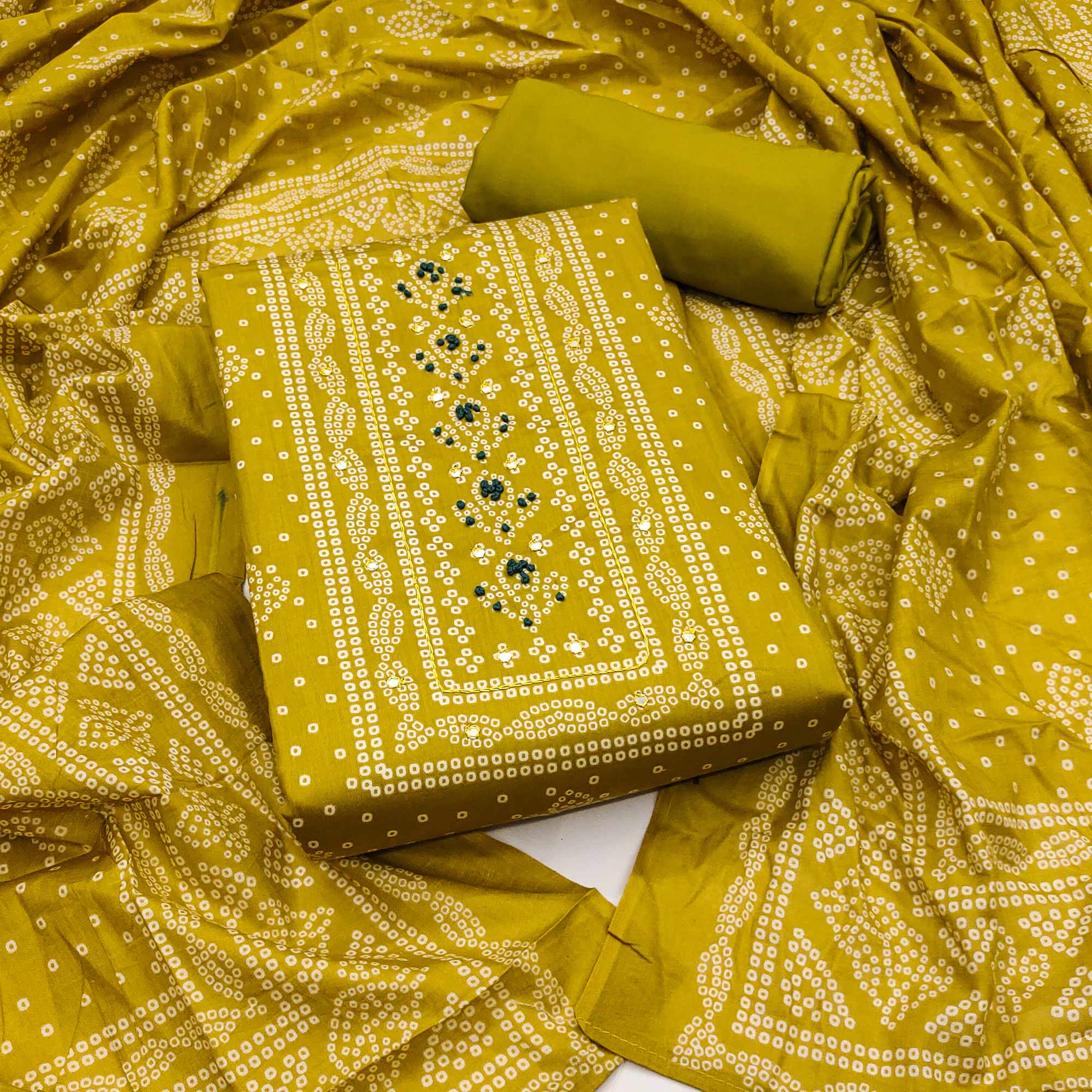 Soft Cotton Olive Dress Material with Classic Bandhani Print