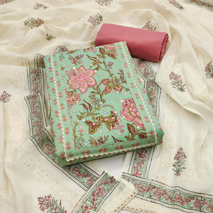 Pure Cotton Dress Material in Pista Green with All Over Floral Print