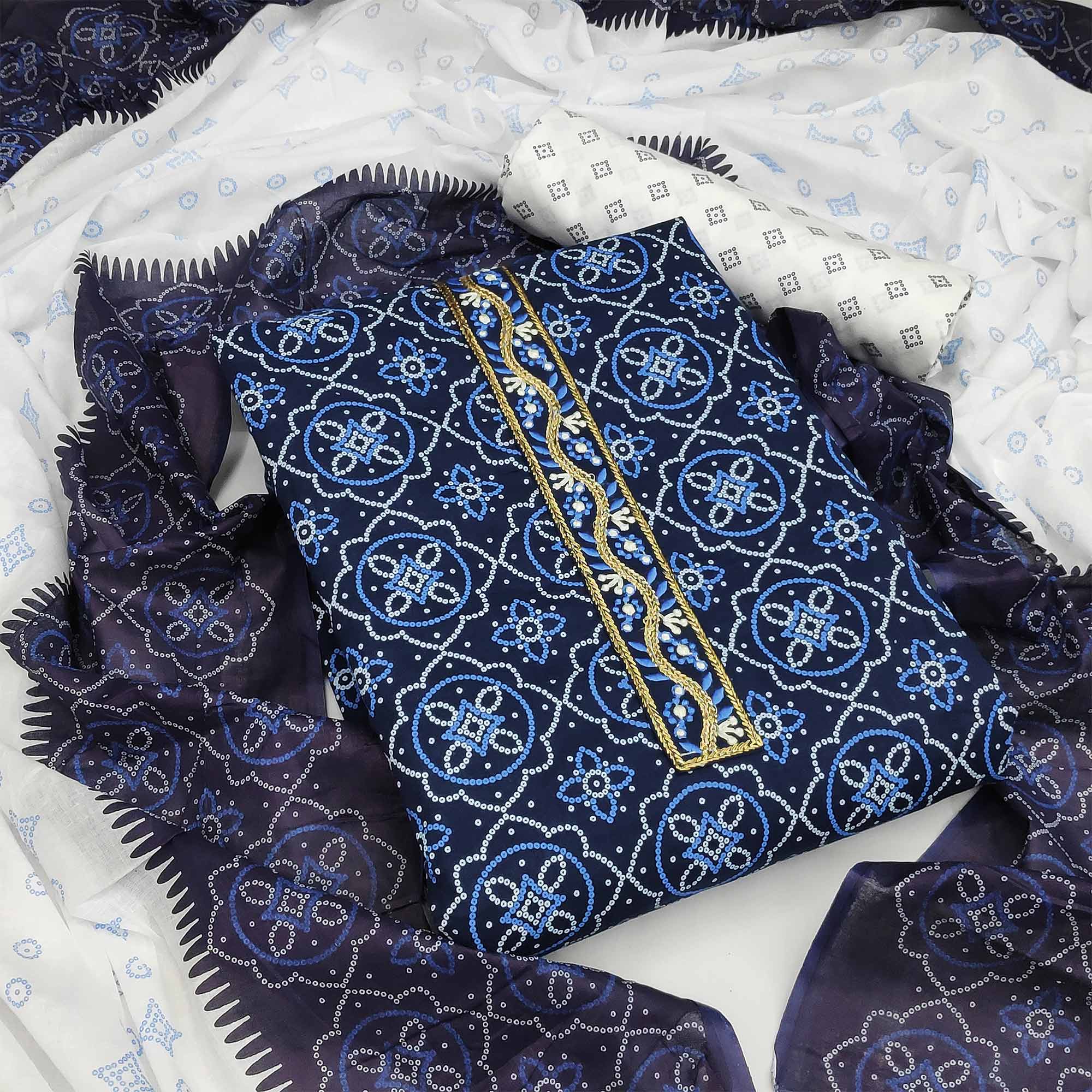 Blue Bandhani Printed Cotton Blend Dress Material