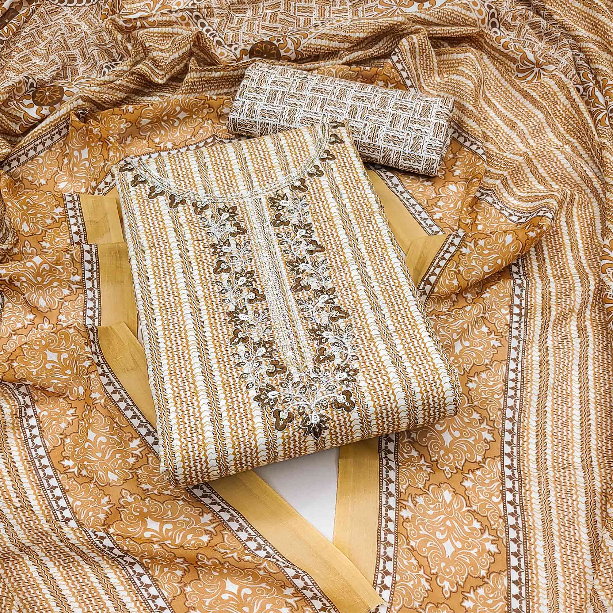 Beige Striped Printed Pure Cotton Dress Material