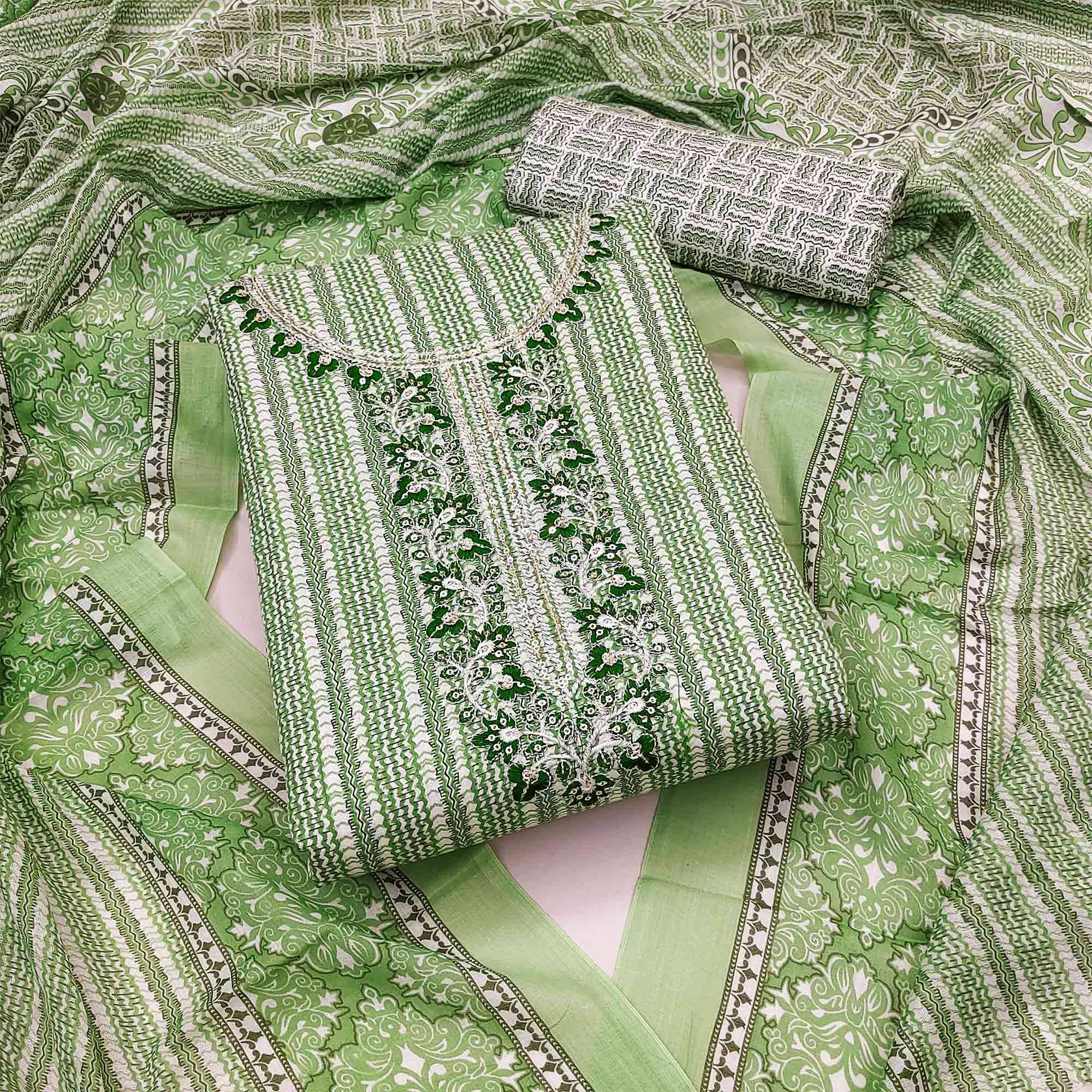 Green Striped Printed Pure Cotton Dress Material