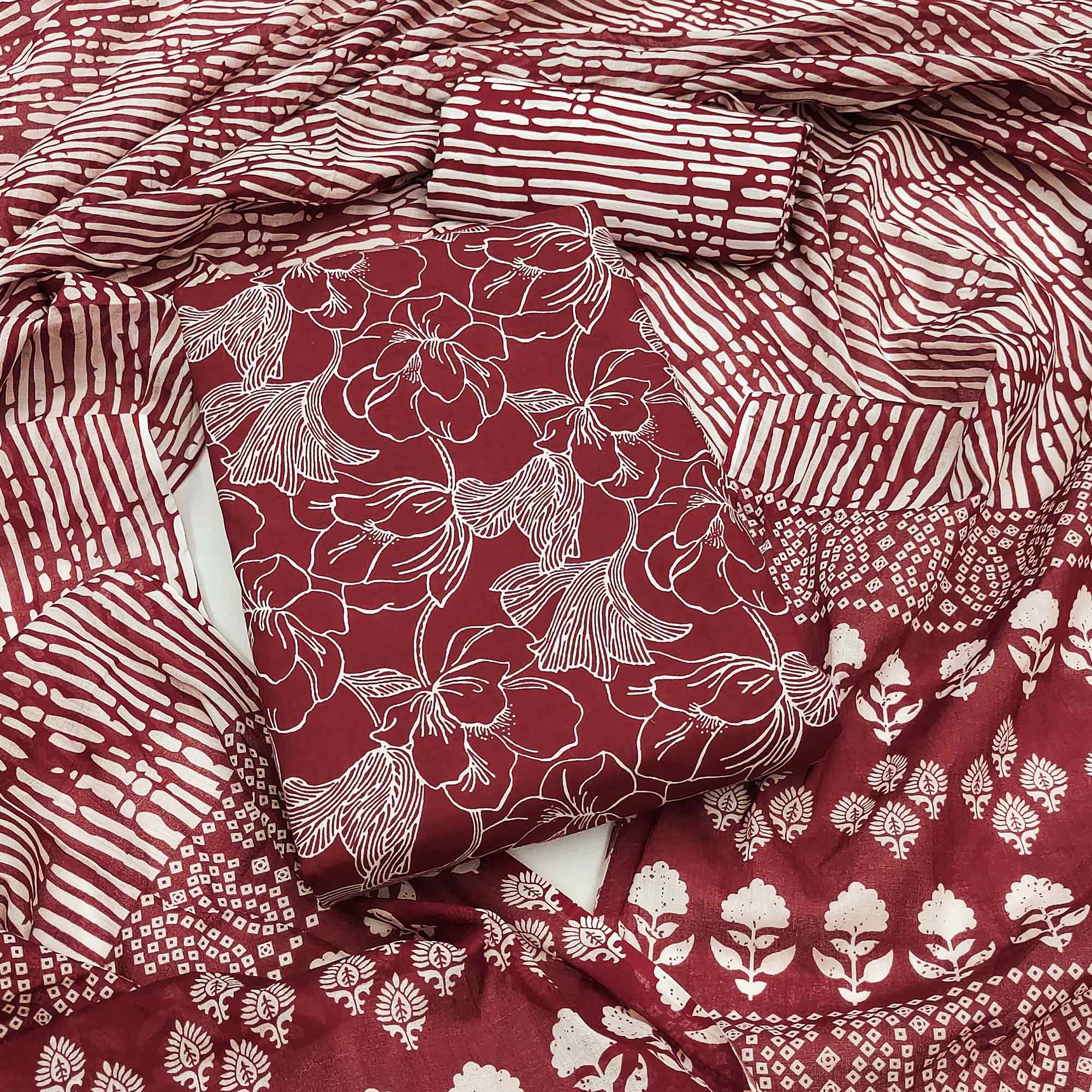 Maroon Floral Printed Pure Cotton Dress Material