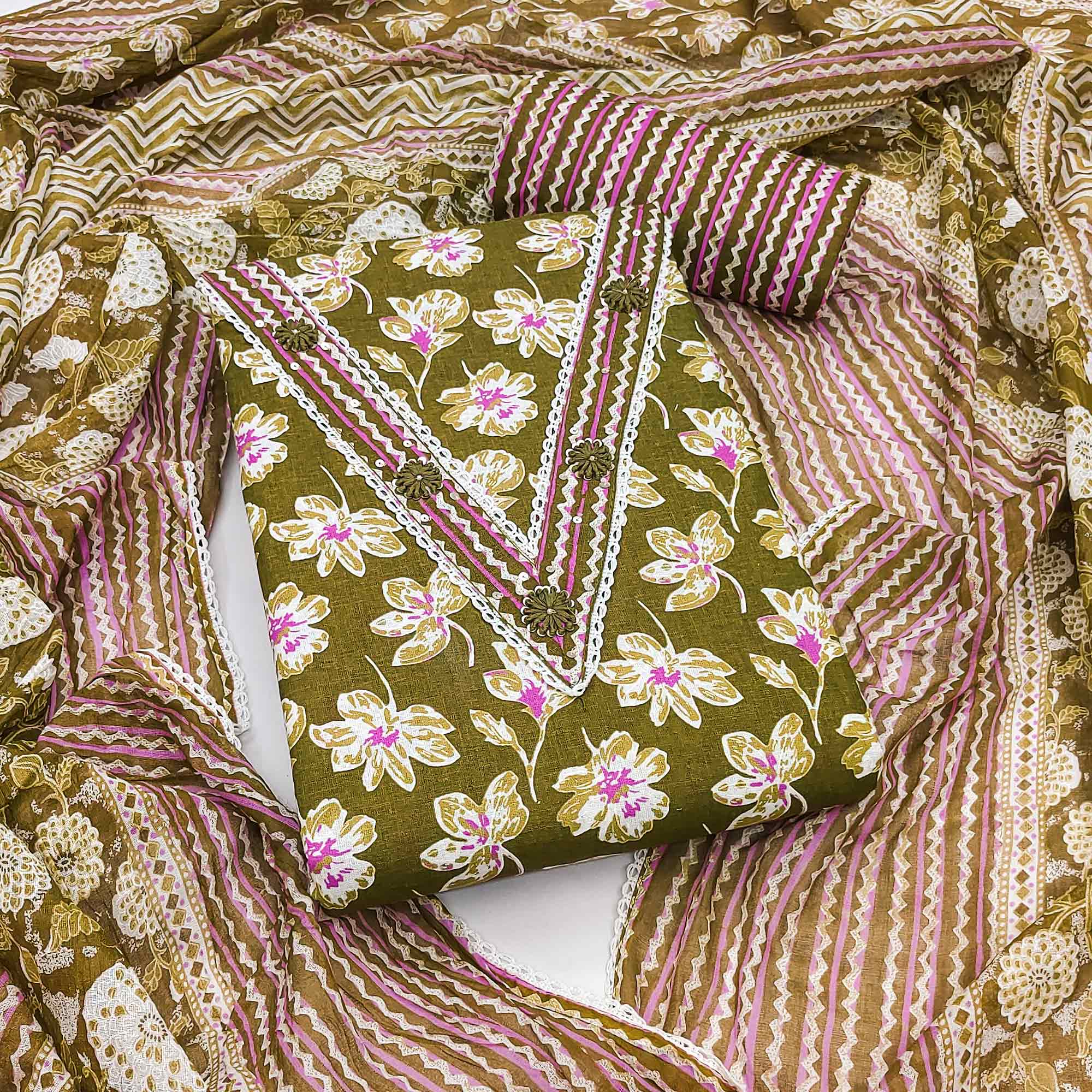 Stylish Green Floral Pure Cotton Dress Material Accented With Neckline Sequins Embroidery